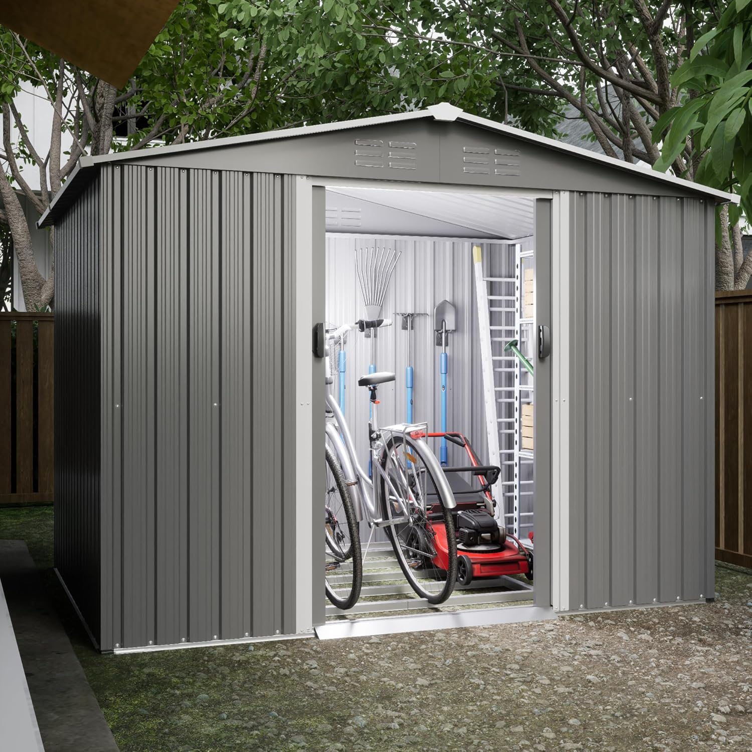 Goohome Cobertizo de almacenamiento de metal para jardín exterior de 6 x 8 pies, cobertizo de almacenamiento de metal con puerta bloqueable,