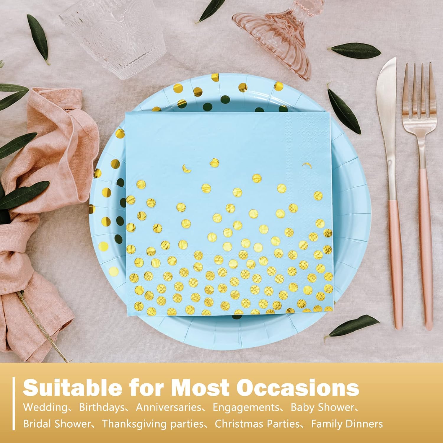 Platos y servilletas de papel azul dorado  Platos de postre de 25 x 7 pulgadas y servilletas de 25 x 6.5 pulgadas, platos de papel azul para fiestas