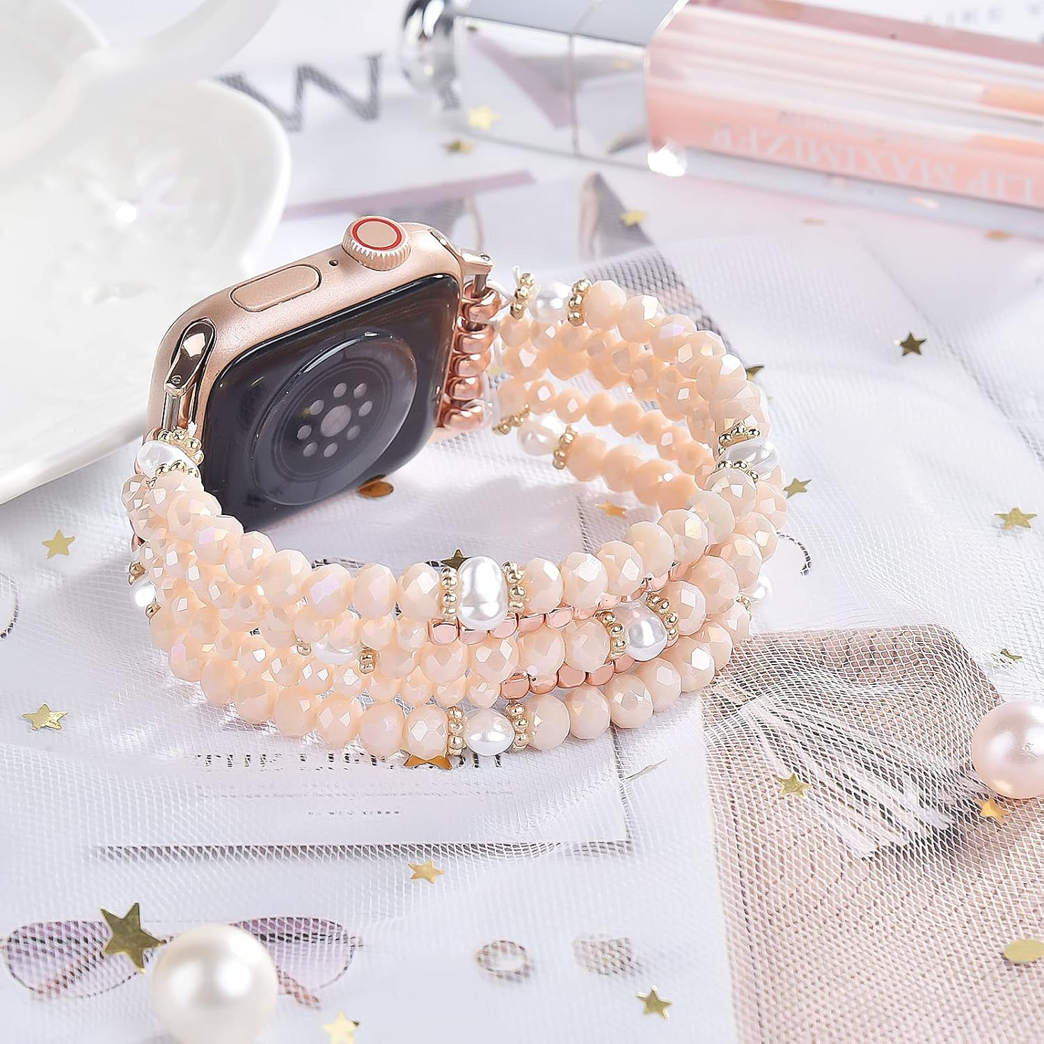 V-MORO Beaded Bracelet Compatible with 41mm40mm38mm,45mm44mm42mm49mm(ultra) Women Apple Watch Bands Natural Pearl Beads Handmade Elastic Stretch