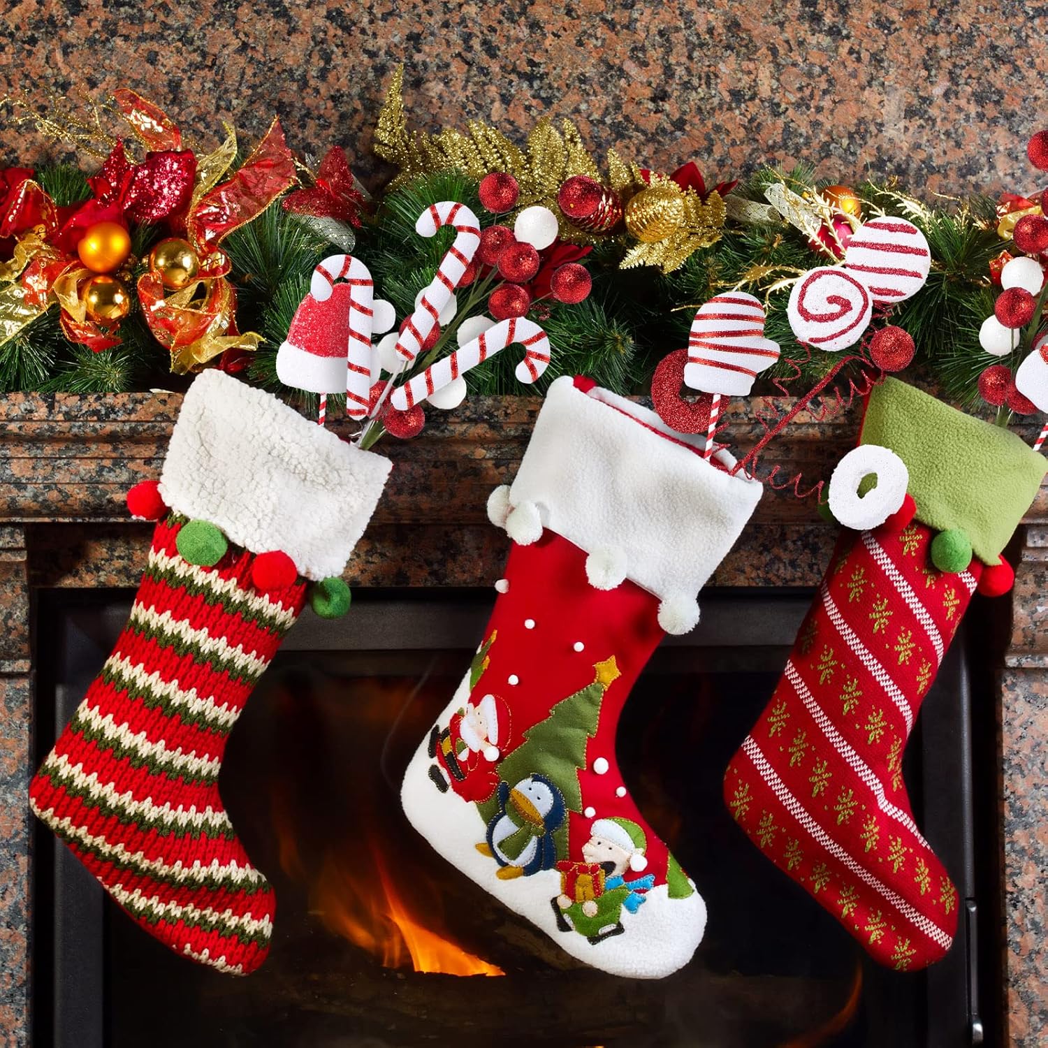 6 púas de adornos de Navidad, decoraciones de árbol de Navidad, guantes de sombrero de Papá Noel, bolas de bayas en palos para árbol de Navidad,