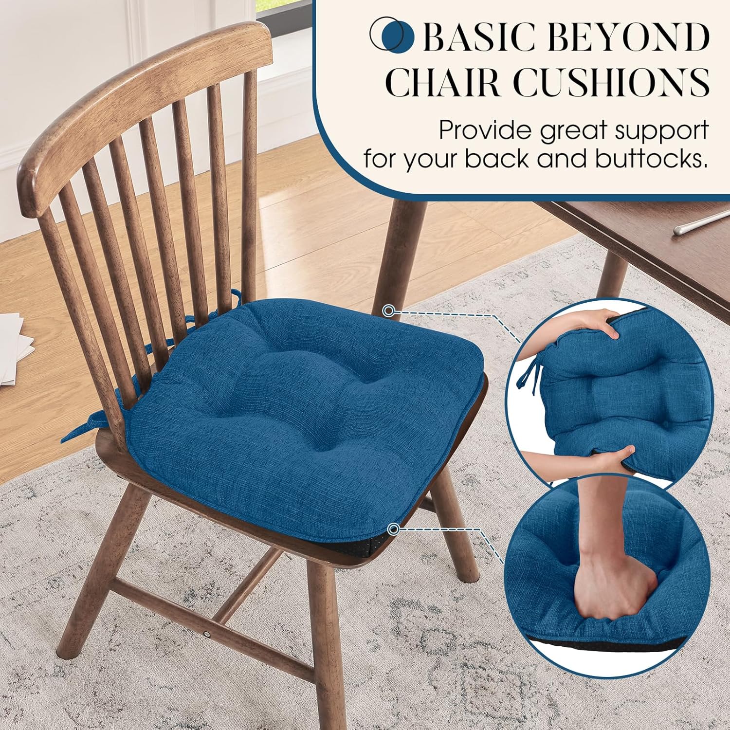 Basic Beyond Cojines para sillas de comedor, 4 unidades, cojines de espuma viscoelástica con lazos y respaldo antideslizante, 15.5 x 15.5 pulgadas,
