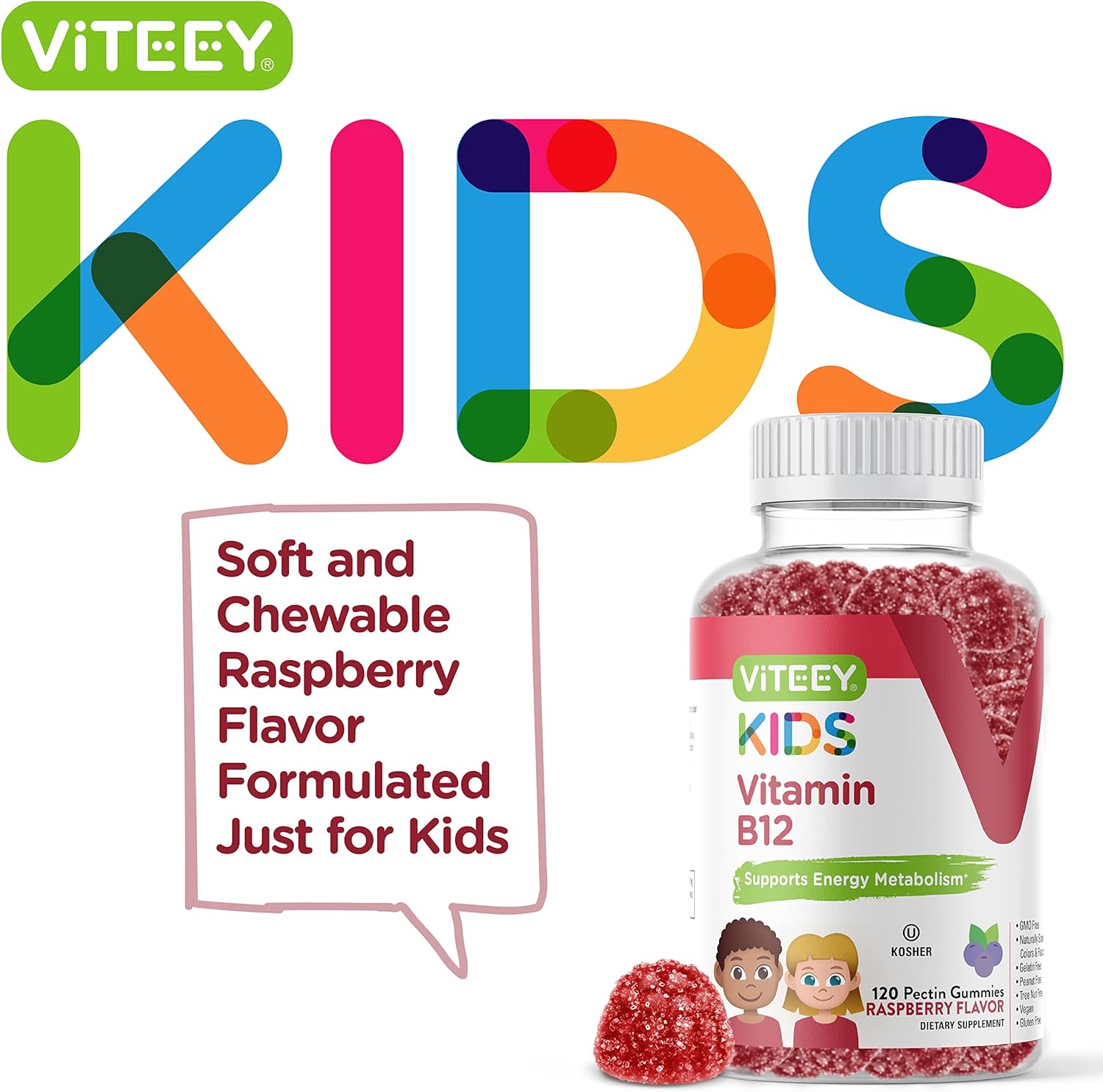 Gomitas de vitamina B12 para niños, 1000 mcg, metabolismo, apoyo energético natural, vegano, sin gluten, sin gelatina, sin OMG, kosher, para