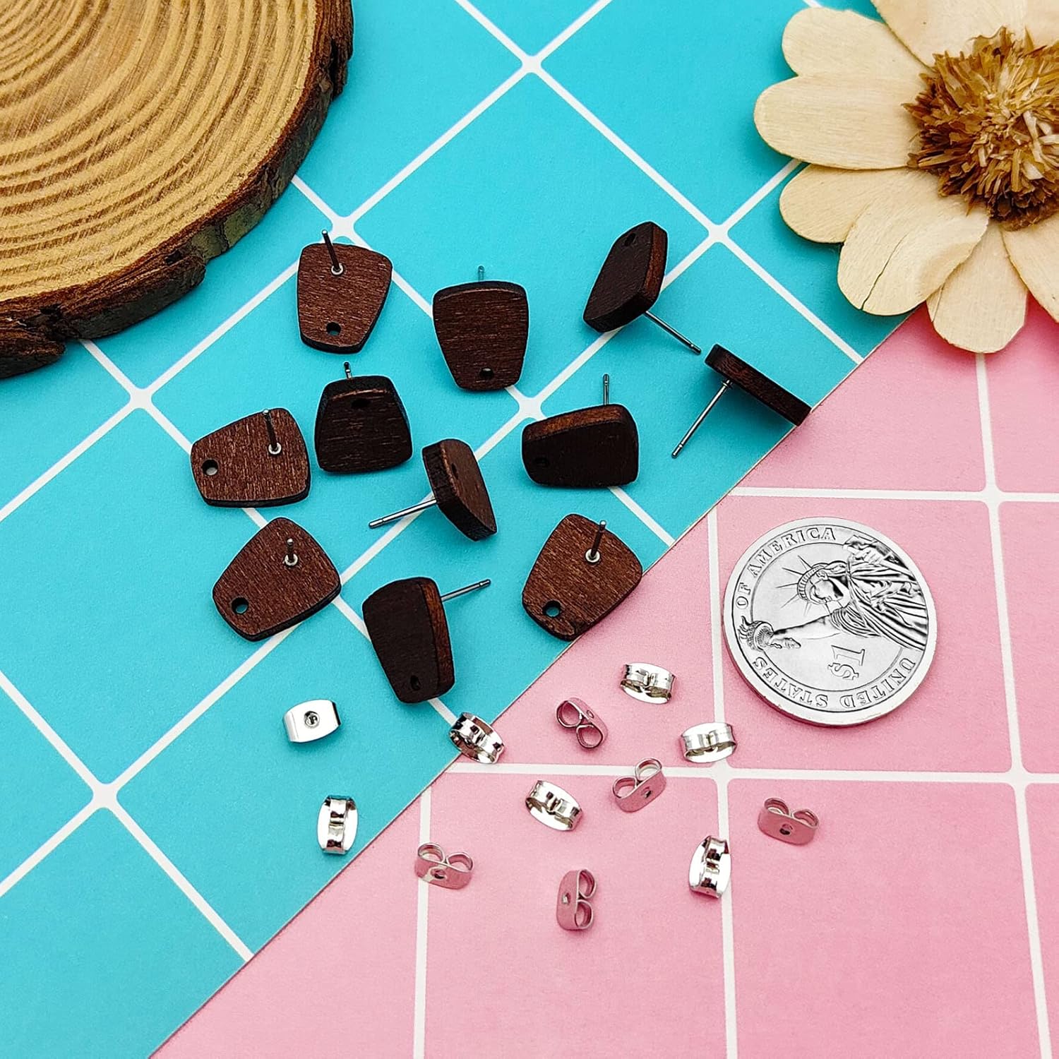 100 aretes de madera para hacer joyas, de madera de nogal, aretes de madera de nogal, hallazgos, aretes con bucle, trapezoidales, aretes de madera