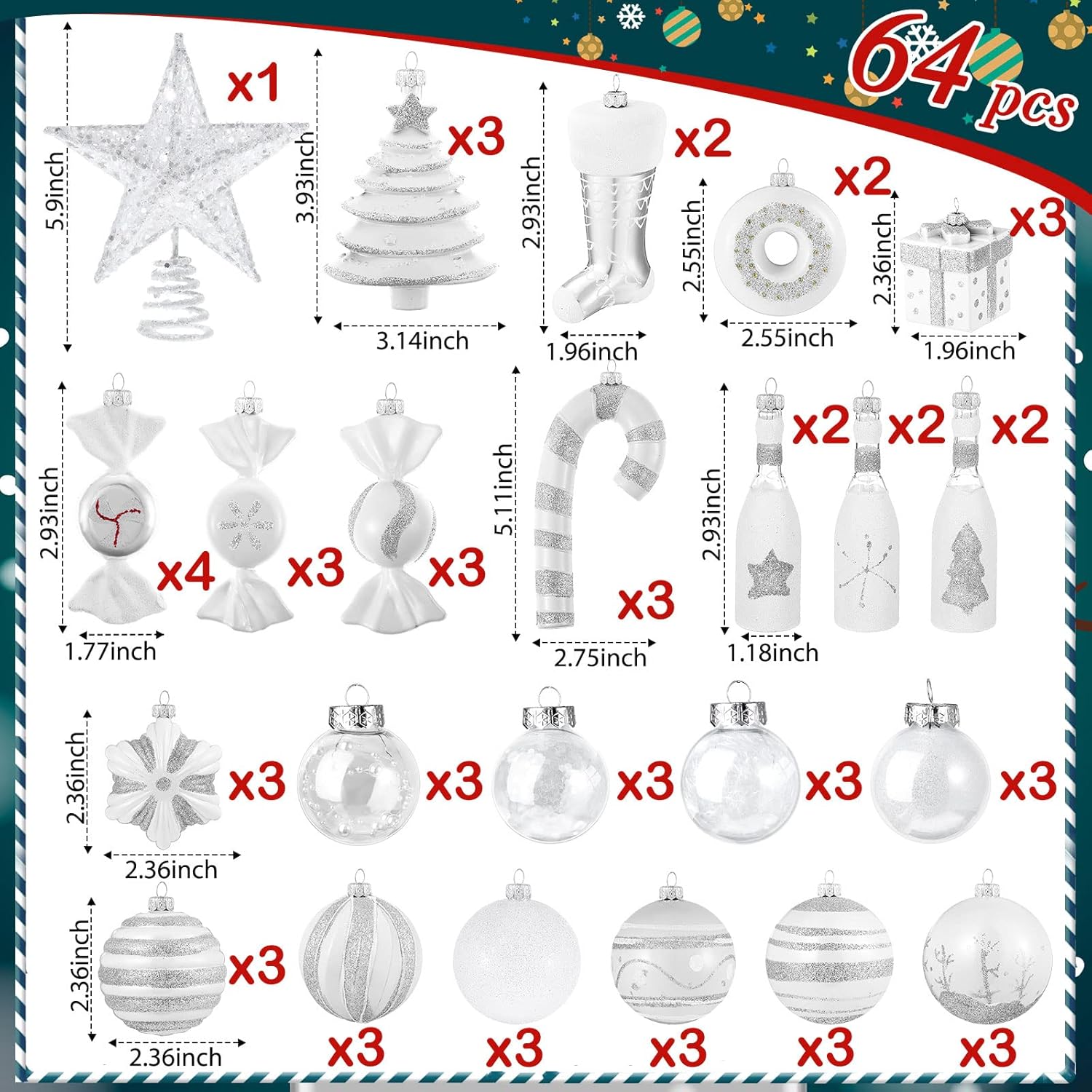 Juego de 64 bolas de adornos de caramelo de Navidad, adornos de Navidad, surtido de adornos de árbol de Navidad, bolas de Navidad para árbol de