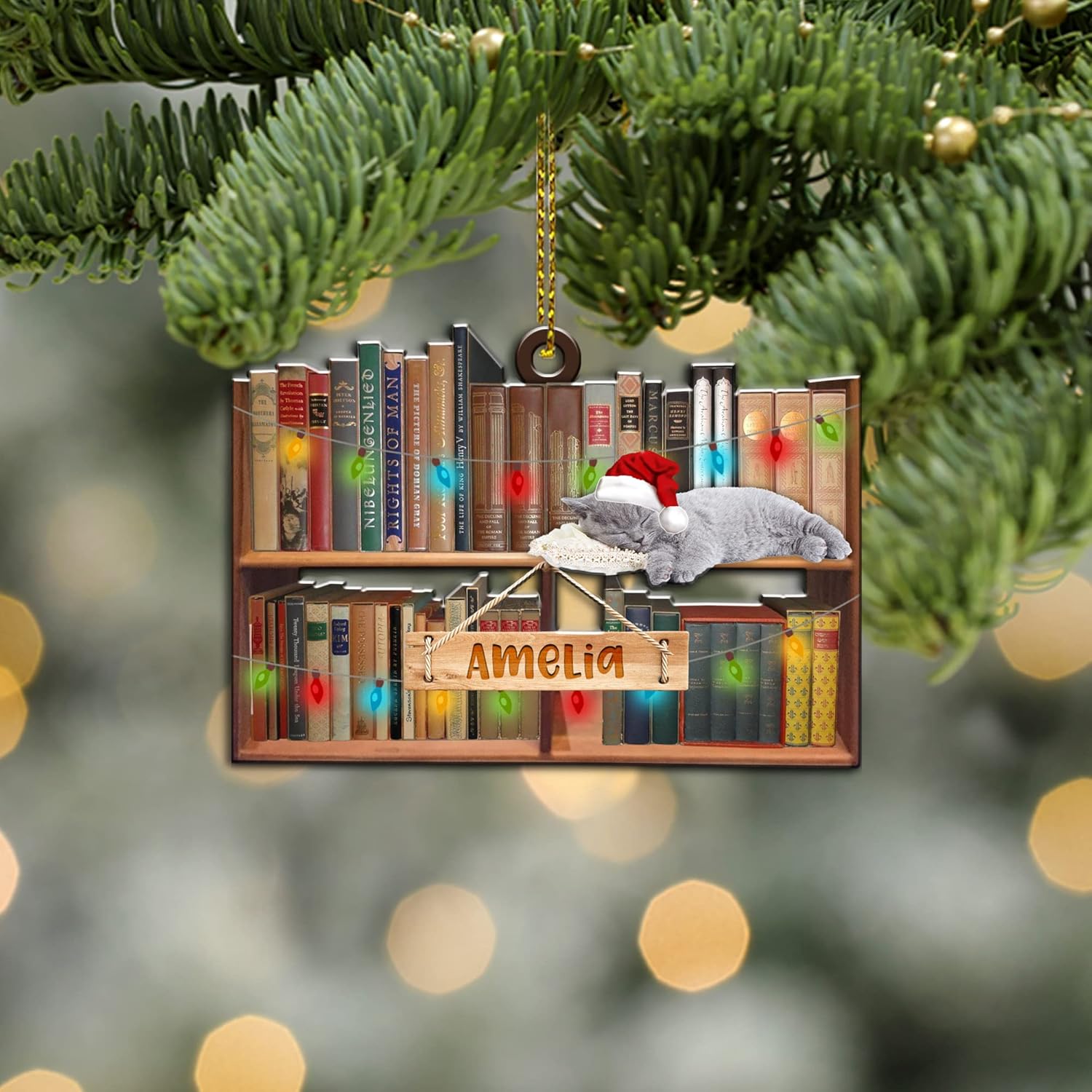 Adorno de Navidad personalizado para amantes de los libros, adorno de gato y pila de libros, adorno de Navidad de libro de lectura, regalo para su