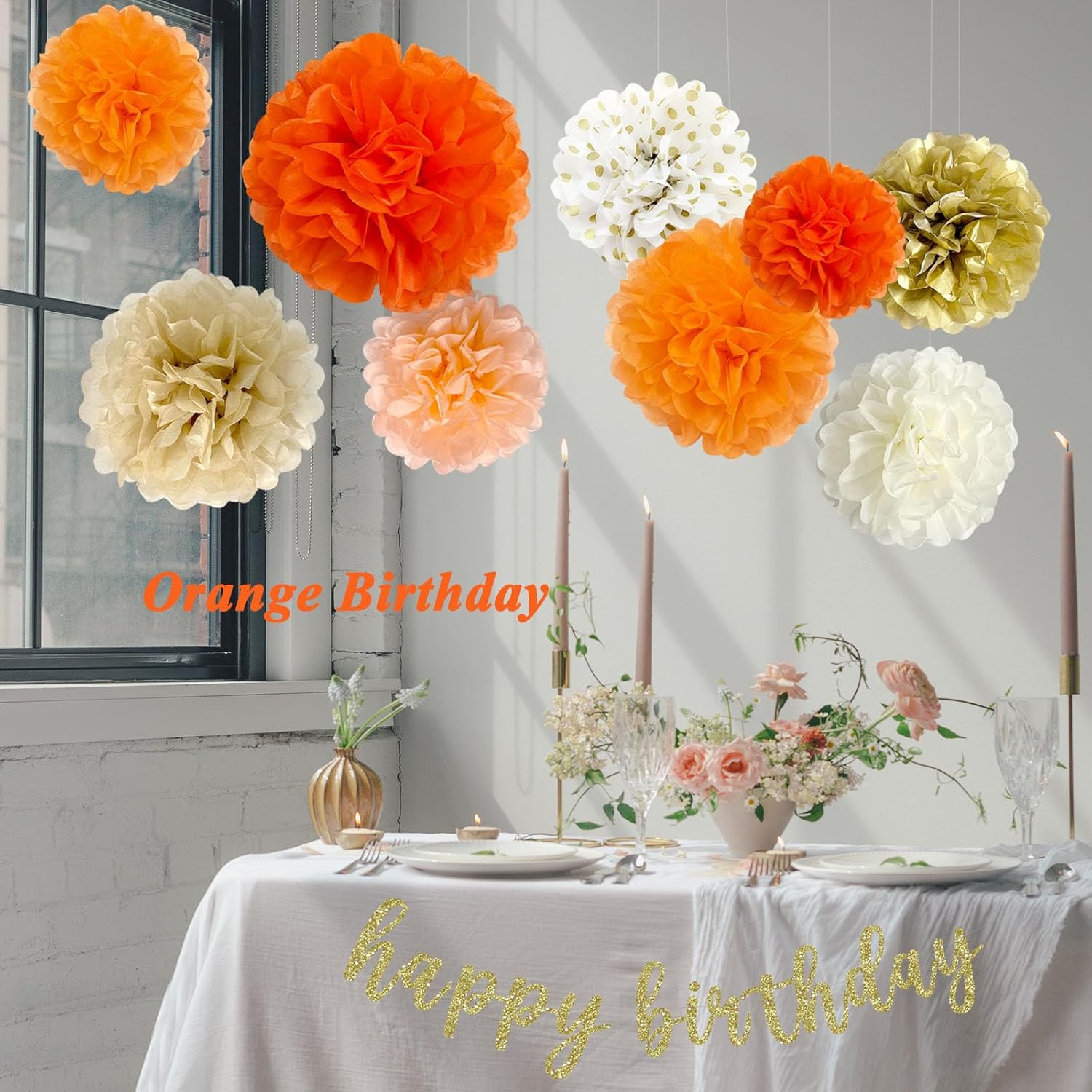 ANSOMO Pompones de papel de seda naranja, decoraciones de fiesta, color naranja quemado, melocotón, bronceado, marfil, dorado, flores para colgar en