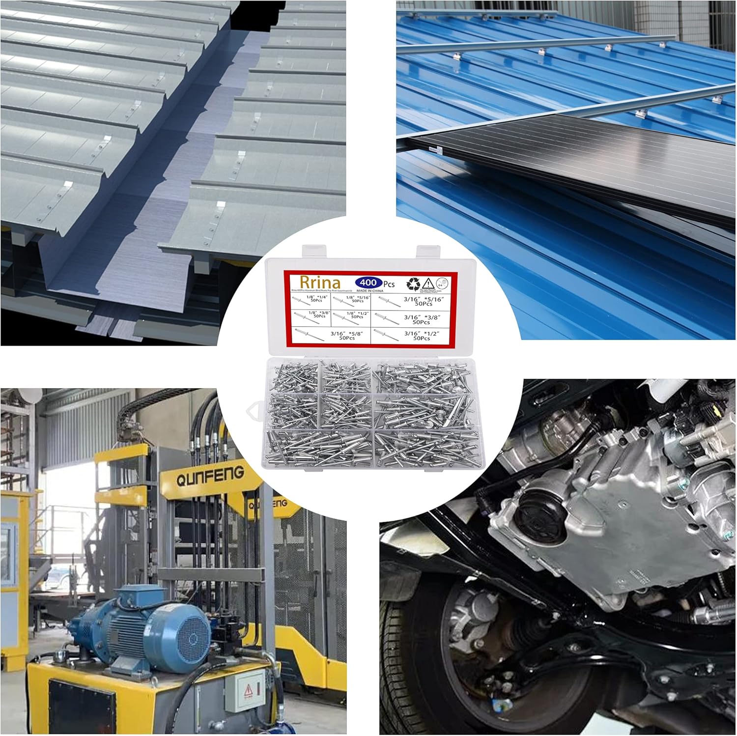Kit surtido de remaches ciegos de aluminio, 400 unidades, remaches de cabeza abovedada, remaches decorativos largos para chapa de metal, 8 tamaños