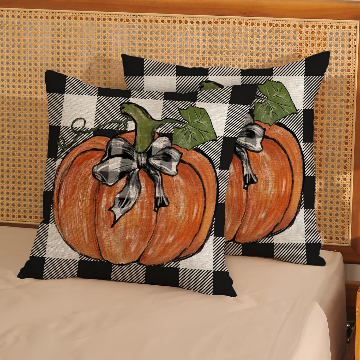 QANOK Juego de 2 fundas de almohada de otoño de 20 x 20 pulgadas, decoración de otoño, a cuadros, calabaza, para exteriores, otoño, Acción de