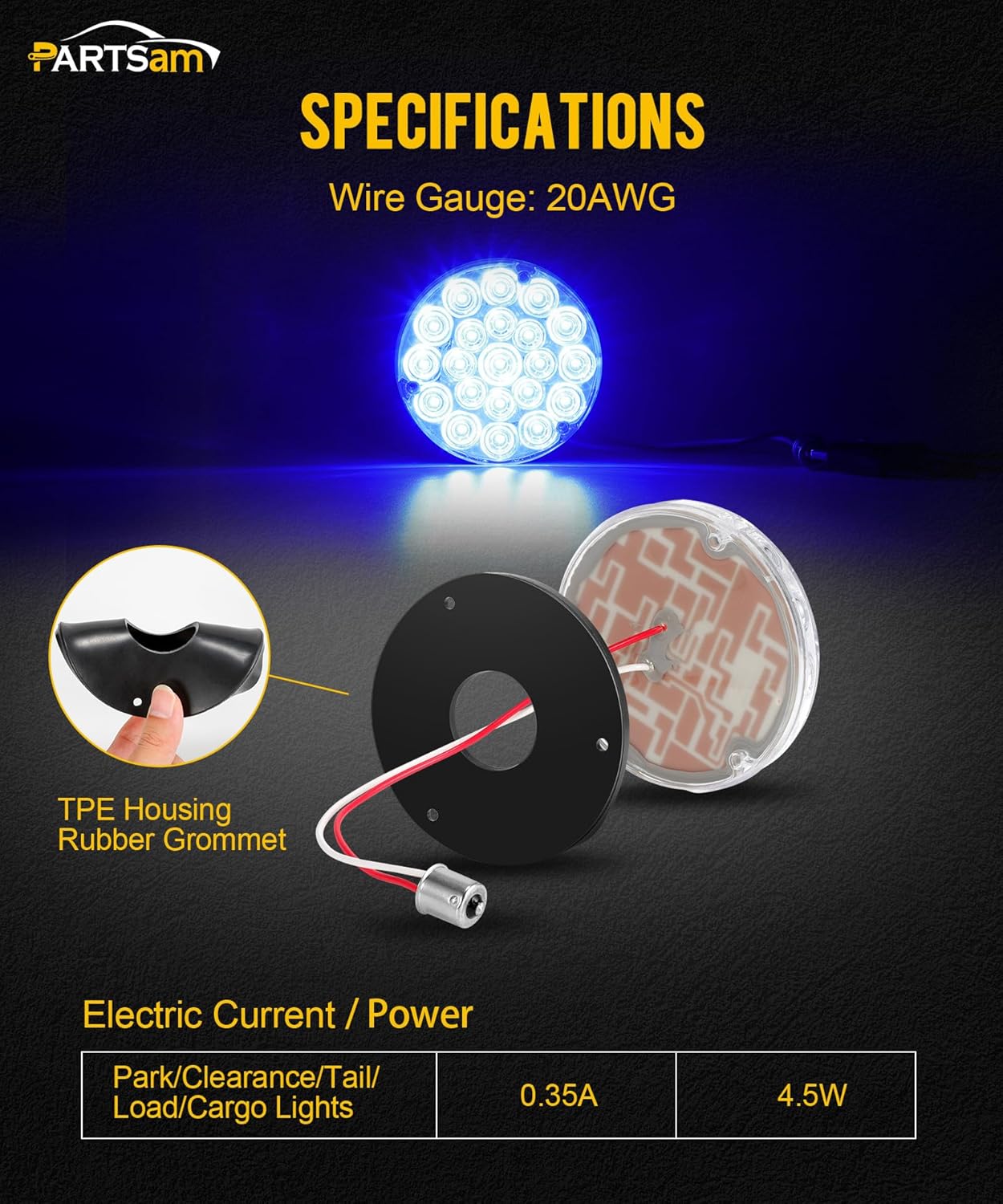 Partsam Luz trasera redonda de 4 pulgadas, 21-2835 LED, luces auxiliares azules, luz de carga de carga con 1156 zócalo TPE, lente transparente de