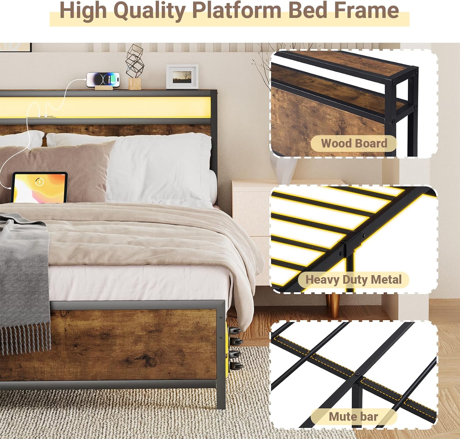 Zevemomo Base de cama Queen con control remoto y control por aplicación, luces LED RGB, marco de cama de plataforma tamaño Queen con cabecera de
