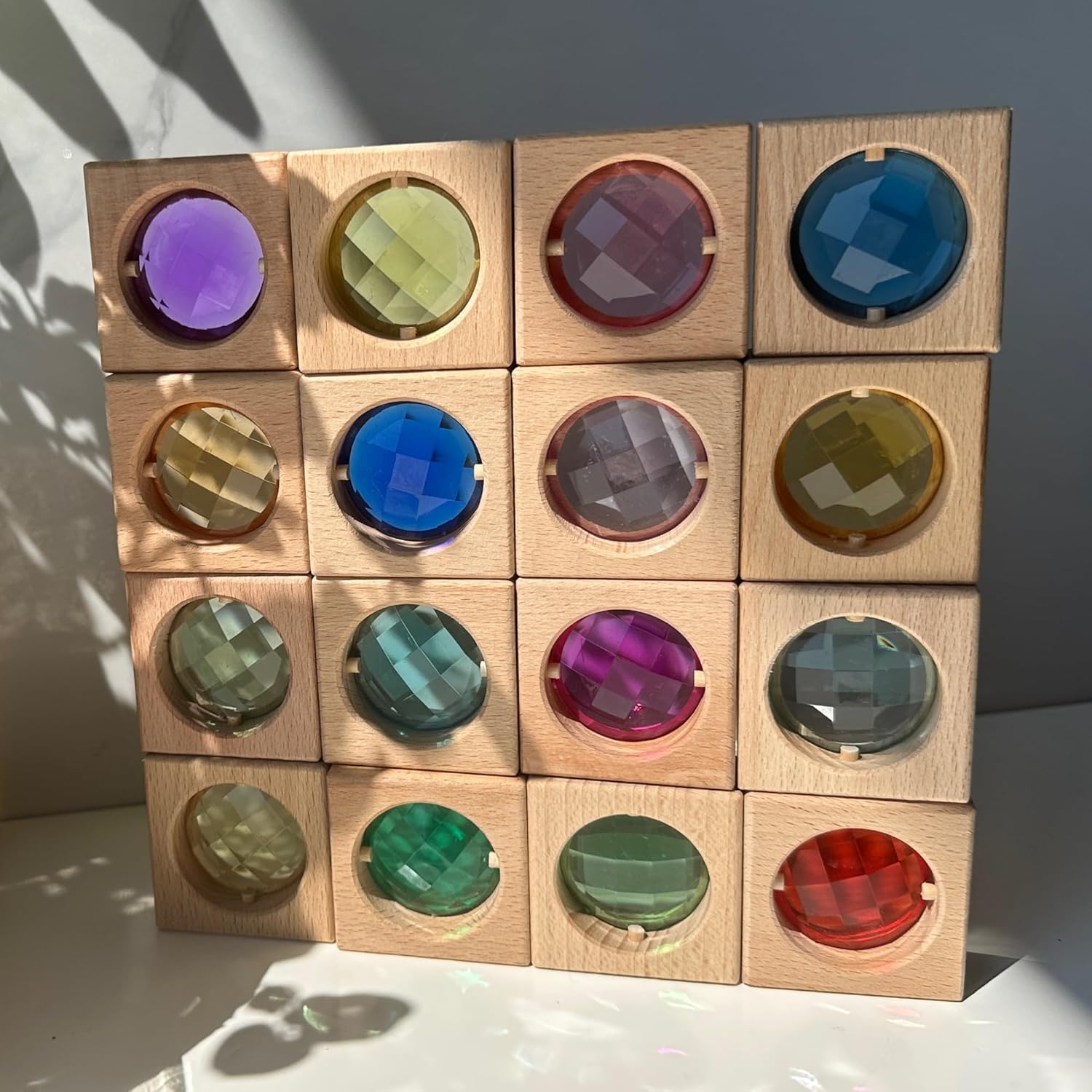 16 bloques de gemas de madera acrílica, juguetes apilables de madera coloridos acrílicos brillantes, juguetes educativos Montessori de madera de