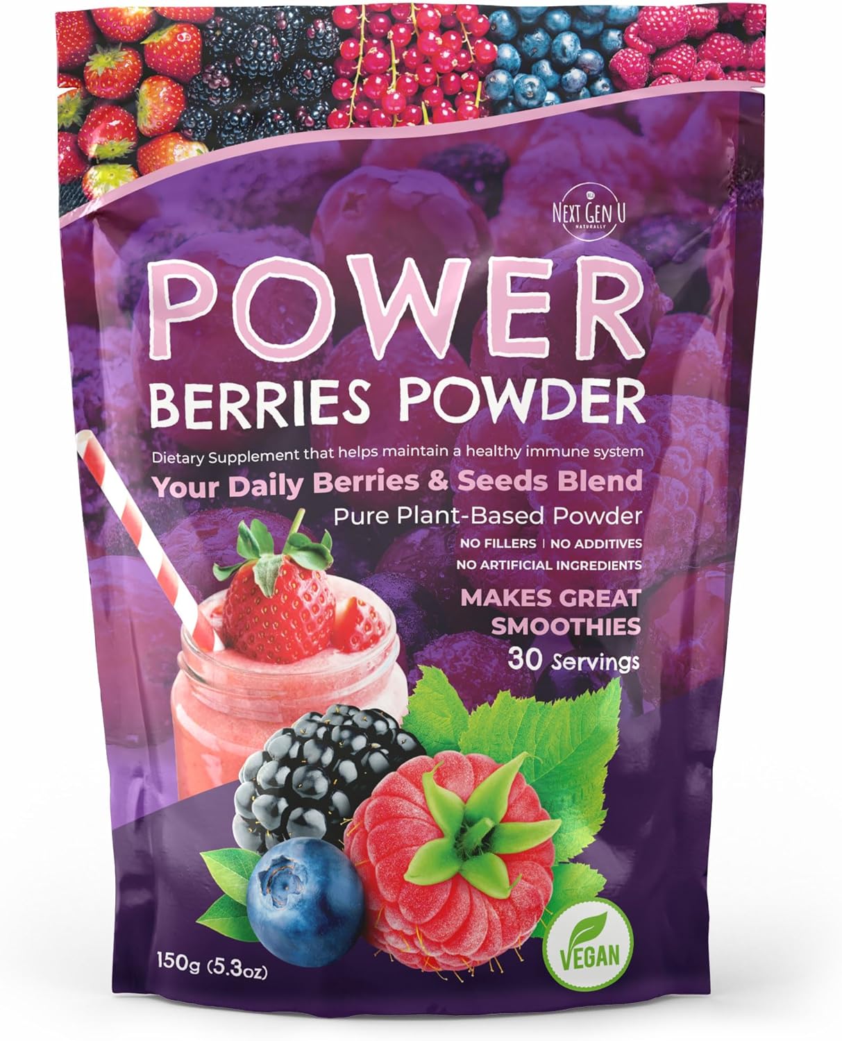 Next Gen U Super Berry Powder 5.29 oz, suplemento alimenticio de apoyo inmunológico, mezcla de batidos de bayas superalimentos para batidos,
