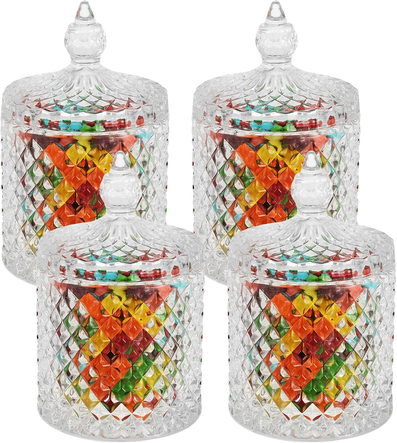 Hedume Paquete de 4 tarros facetados de diamantes de cristal con tapa de cristal, juego de organización de almacenamiento de alimentos de vidrio
