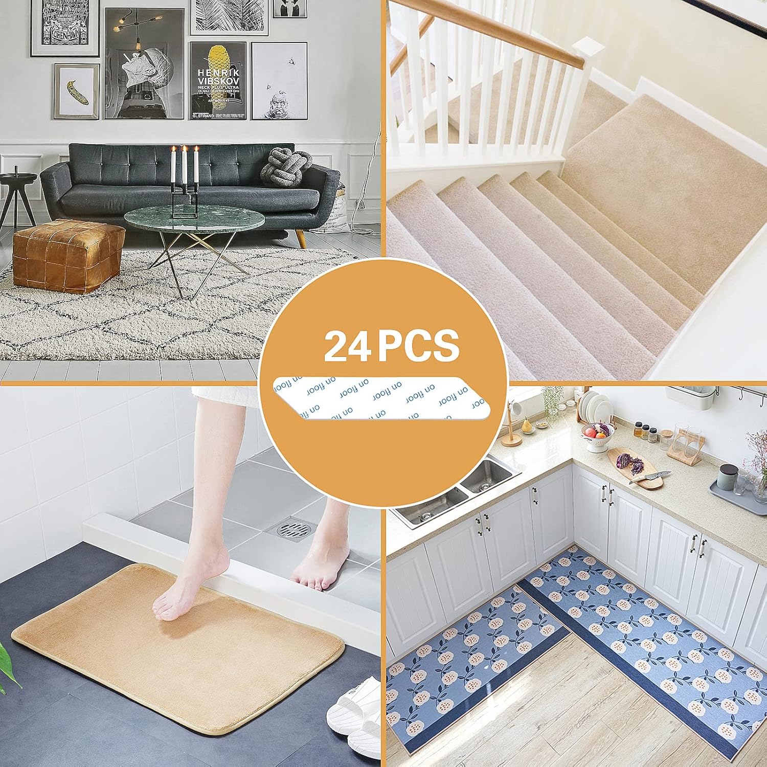 24 pinzas adhesivas para alfombra, cinta antideslizante de doble cara, lavable, reutilizable, para alfombra de área, tapones de alfombra que hacen