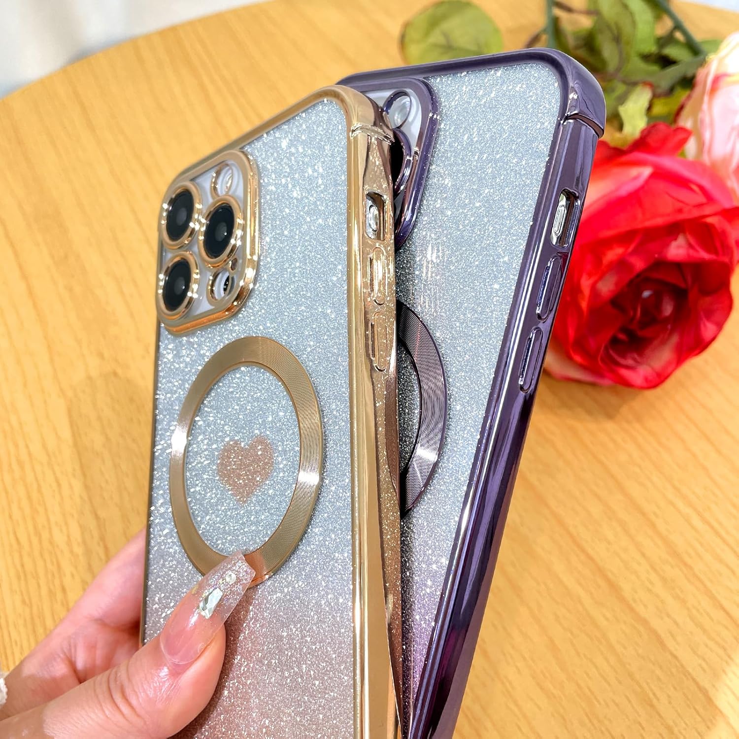 Bonoma Purpurina magnética para iPhone 15 Pro Max compatible con MagSafe , funda transparente de lujo con diseño de corazón de amor, protección de