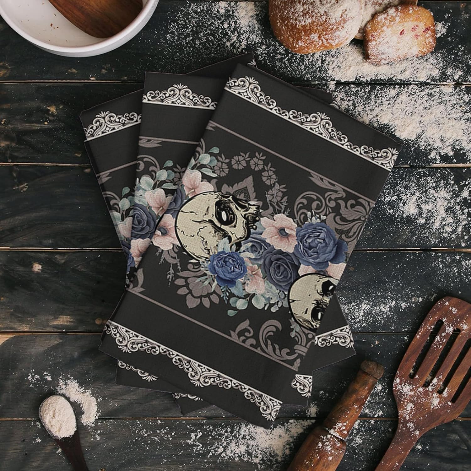 Juego de 2 toallas de cocina y paños de cocina, diseño floral de Halloween con textura de calavera negra de 18 x 28 pulgadas, toallas de mano