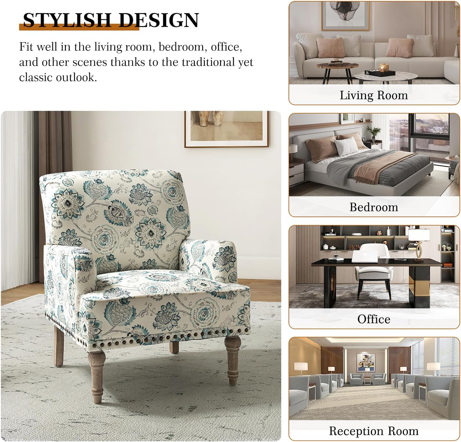 HULALA HOME Sillón moderno con patas de madera y ribete de cabeza de clavo, cómoda silla decorativa tapizada para sala de estar y dormitorio
