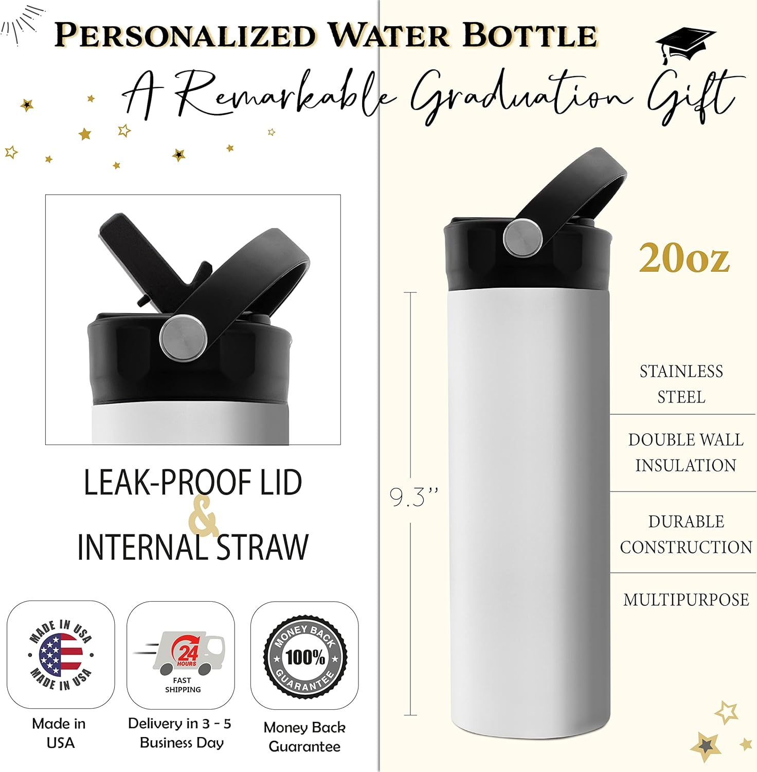 Regalos de graduación para ella, botella de agua de graduación personalizada con tapa con popote, 20 onzas, 8 diseños, regalos de graduación para