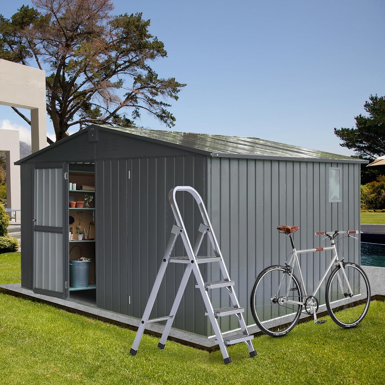 Domi – Cobertizo de almacenamiento para exteriores de 11 x 9 pies, cobertizos de metal para almacenamiento al aire libre con puertas bloqueables y