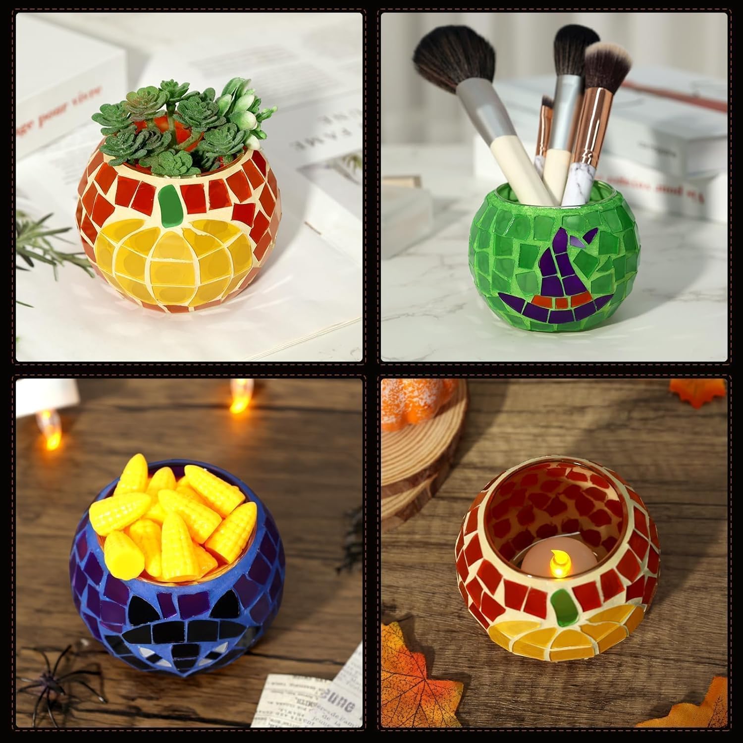 Portavelas de Halloween, juego de 3 portavelas de cristal con mosaico de gato negro, portavelas votivas góticas de calabaza para fiesta de