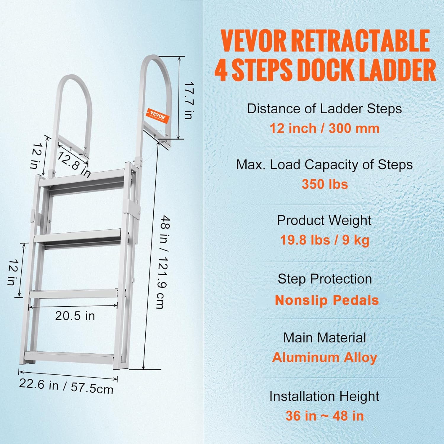 VEVOR Escalera retráctil para muelle con pedales antideslizantes, escalera para barco pontón de 56 a 68 pulgadas de altura total ajustable, escalera