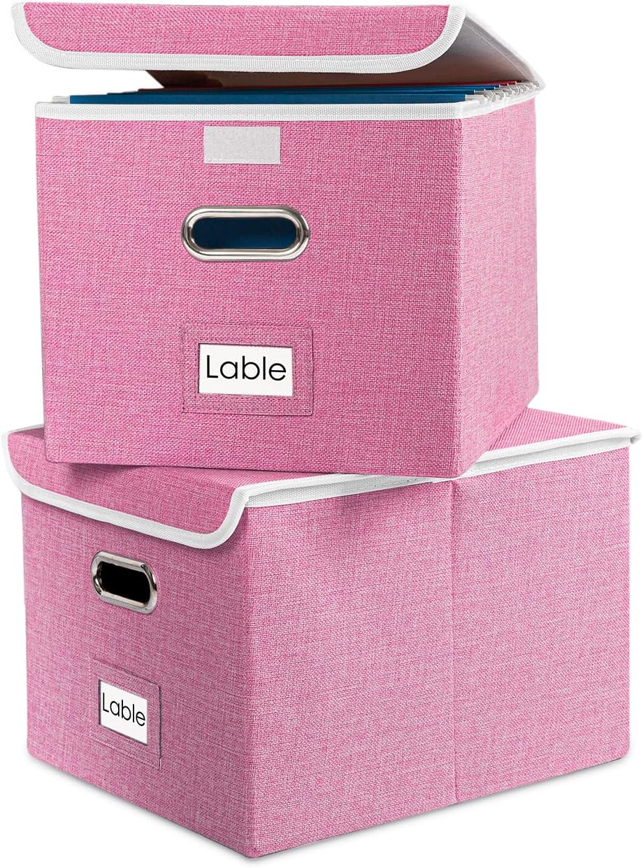 PRANDOM Caja organizadora de archivos, juego de 2 carpetas plegables decorativas de lino para almacenamiento de archivos colgantes con tapas,