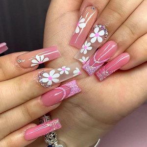 BABALAL Uñas postizas cuadradas a presión, uñas postizas largas con pegamento rosa, uñas acrílicas con flores, 24 unidades, uñas ovaladas brillantes BABALAL Uñas postizas cuadradas a presión, uñas postizas largas con pegamento rosa, uñas acrílicas con flores, 24 unidades, uñas ovaladas brillantes