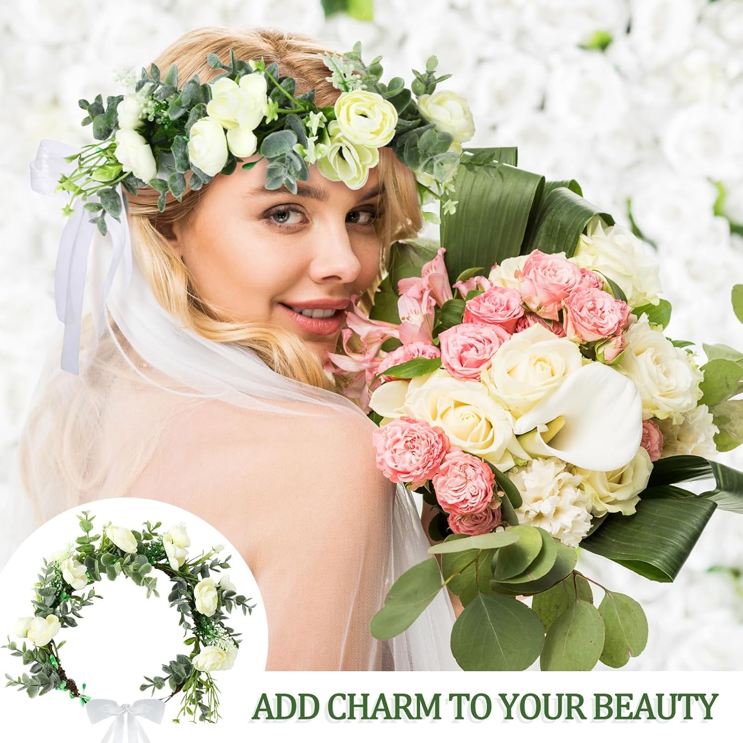 5 piezas de corona de hojas verdes florales para mujer, diadema de flores blancas bohemias, diadema ajustable para el cabello, diadema de flores con