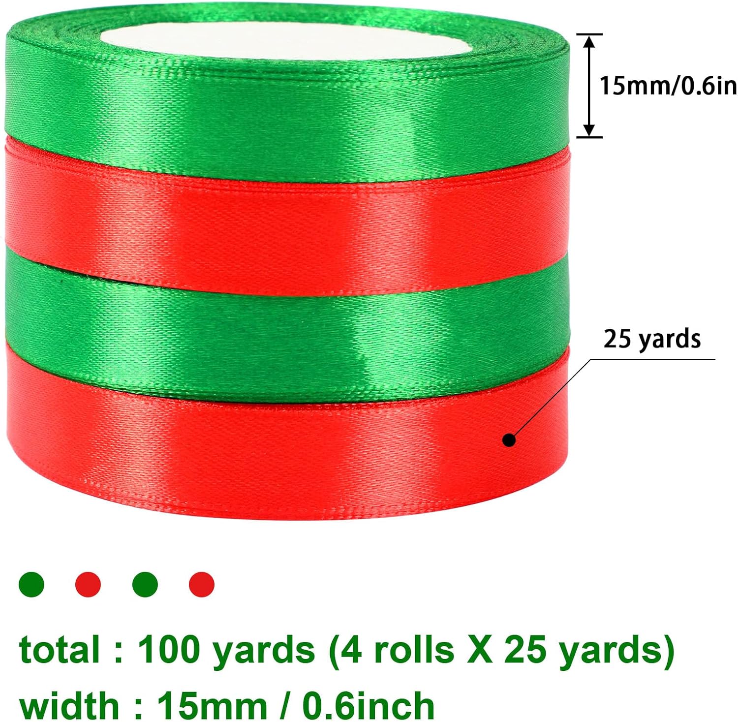 DECYOOL – 4 rollos de cintas navideñas de satén de 100 yardas de 0.591 in de ancho, para envolver regalos y decoración de Navidad, color rojo y verde