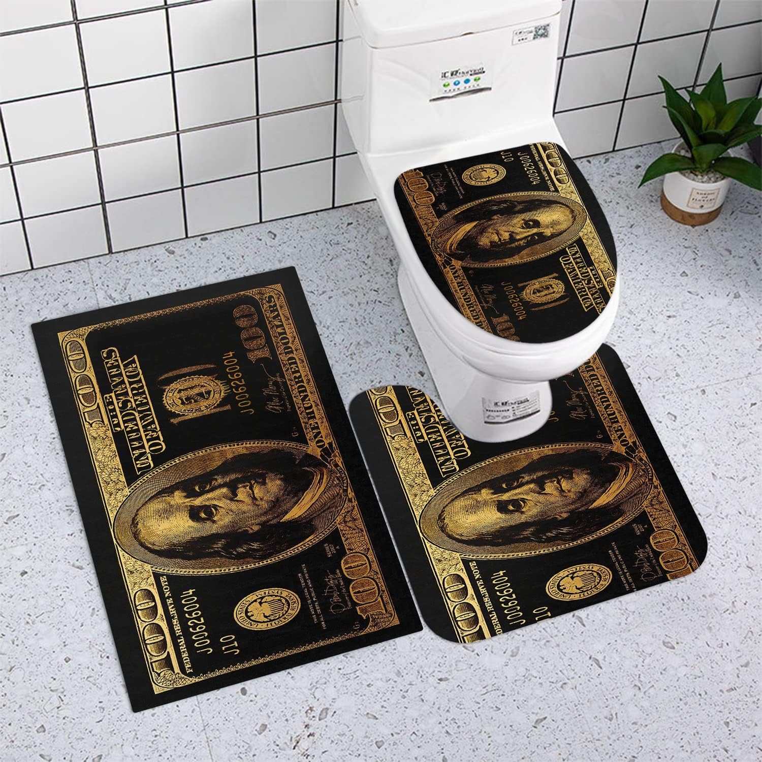 GUBIYU Juego de baño de billetes de 100 dólares de oro negro con cortina de ducha y alfombras de billetes, accesorios de baño geniales 4 piezas