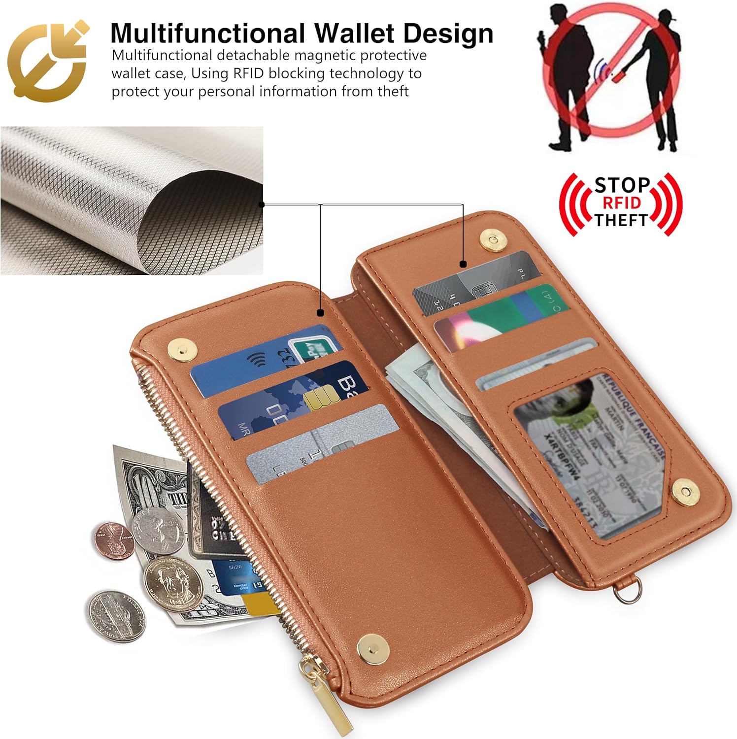 CIVICASE Funda con cremallera para iPhone 15 Pro Max, funda tipo cartera 2 en 1 magnética desmontable, protección para tarjetas RFID, 6 ranuras para