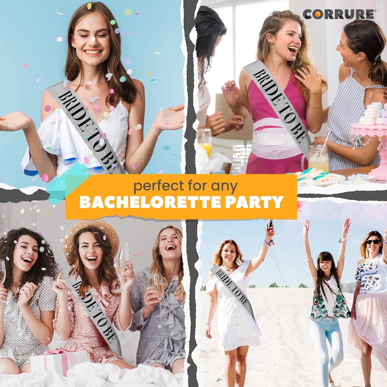 CORRURE Banda “Bride to Be” para despedida de soltera  Banda plateada con purpurina con letras de aluminio negro  Accesorios de decoración de