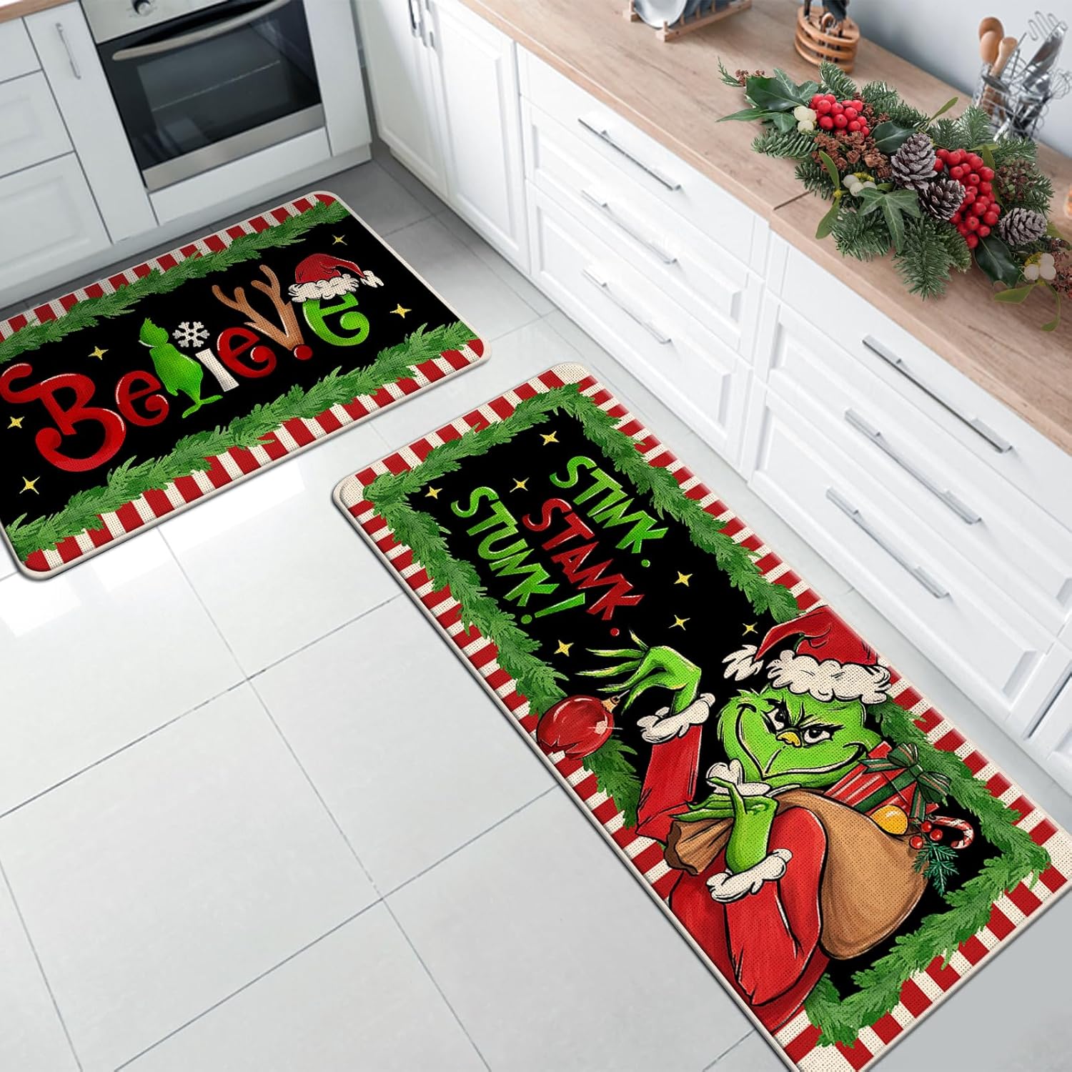 Juego de 2 tapetes de cocina con diseño de Navidad, diseño de rayas rojas y blancas, decoración del hogar, 17 x 29 y 17 x 47 pulgadas