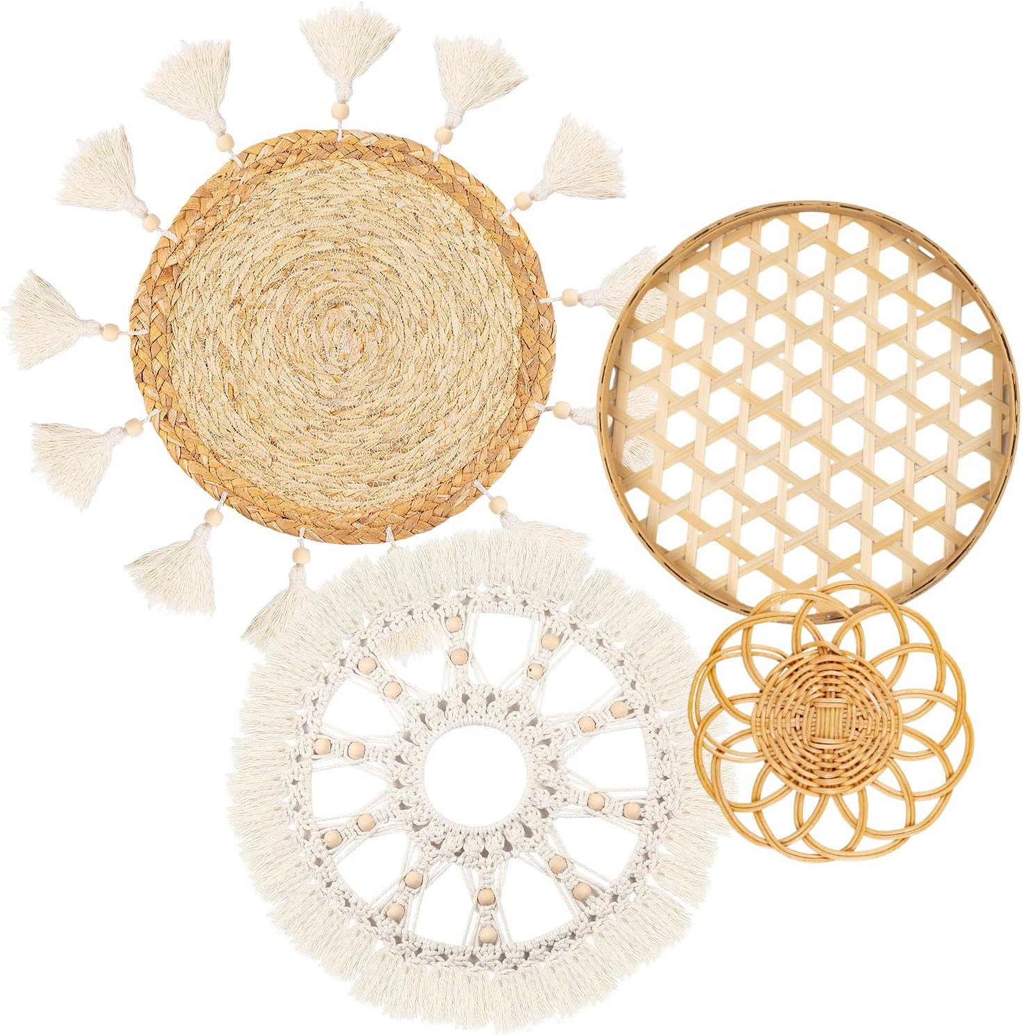 Juego de 4 decoraciones bohemias para colgar en la pared, cesta de pared tejida plana, hecha a mano, redonda, blanco, macramé, bandeja elegante,