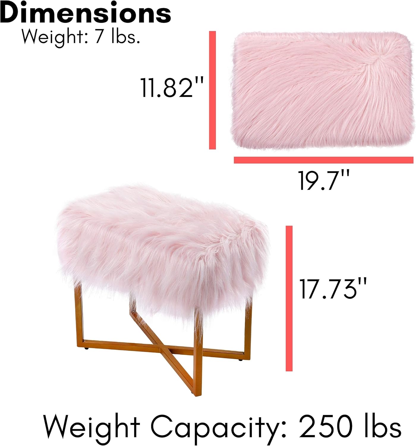 BIRDROCK HOME Taburete rectangular de piel sintética rosa con patas doradas, silla de tocador, asiento acolchado suave y compacto, silla de