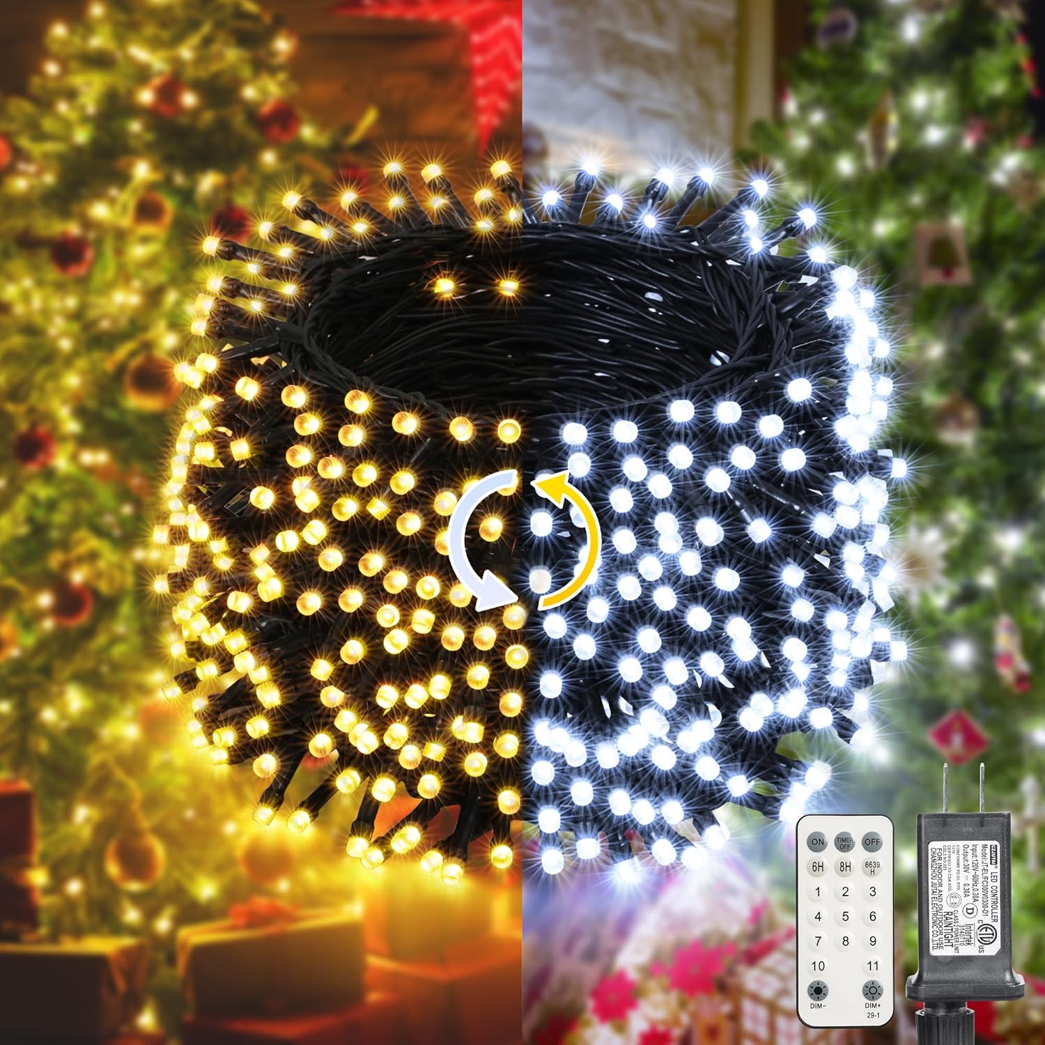LYHOPE Luces de Navidad, 98.4 pies, 300 luces LED de hadas de Navidad, luces cálidas y blancas que cambian de color, con control remoto, 11 modos,