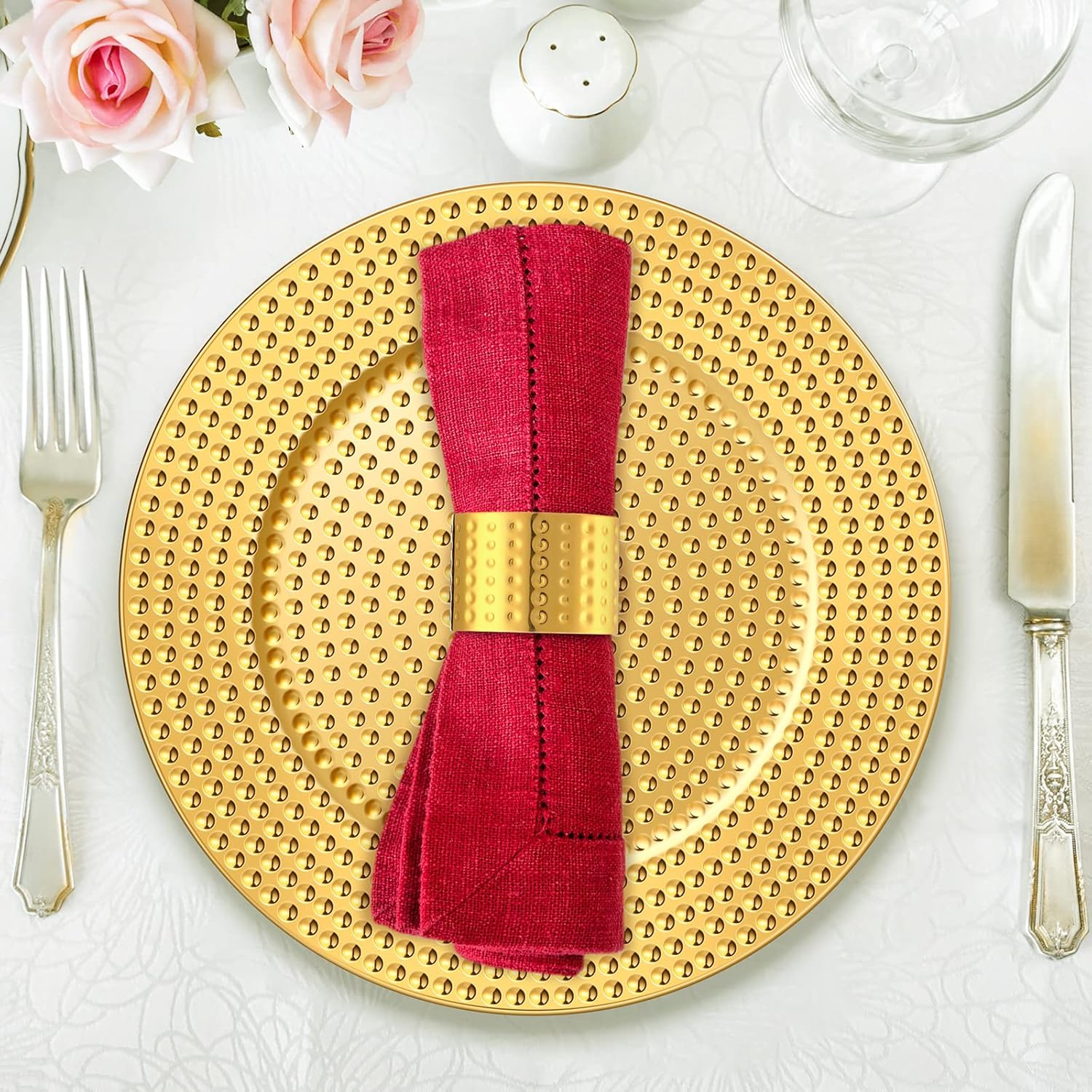 12 platos redondos con 12 servilleteros de 13 pulgadas, redondos, brillantes, metálicos, platos martillados de plástico para cenas, bodas,