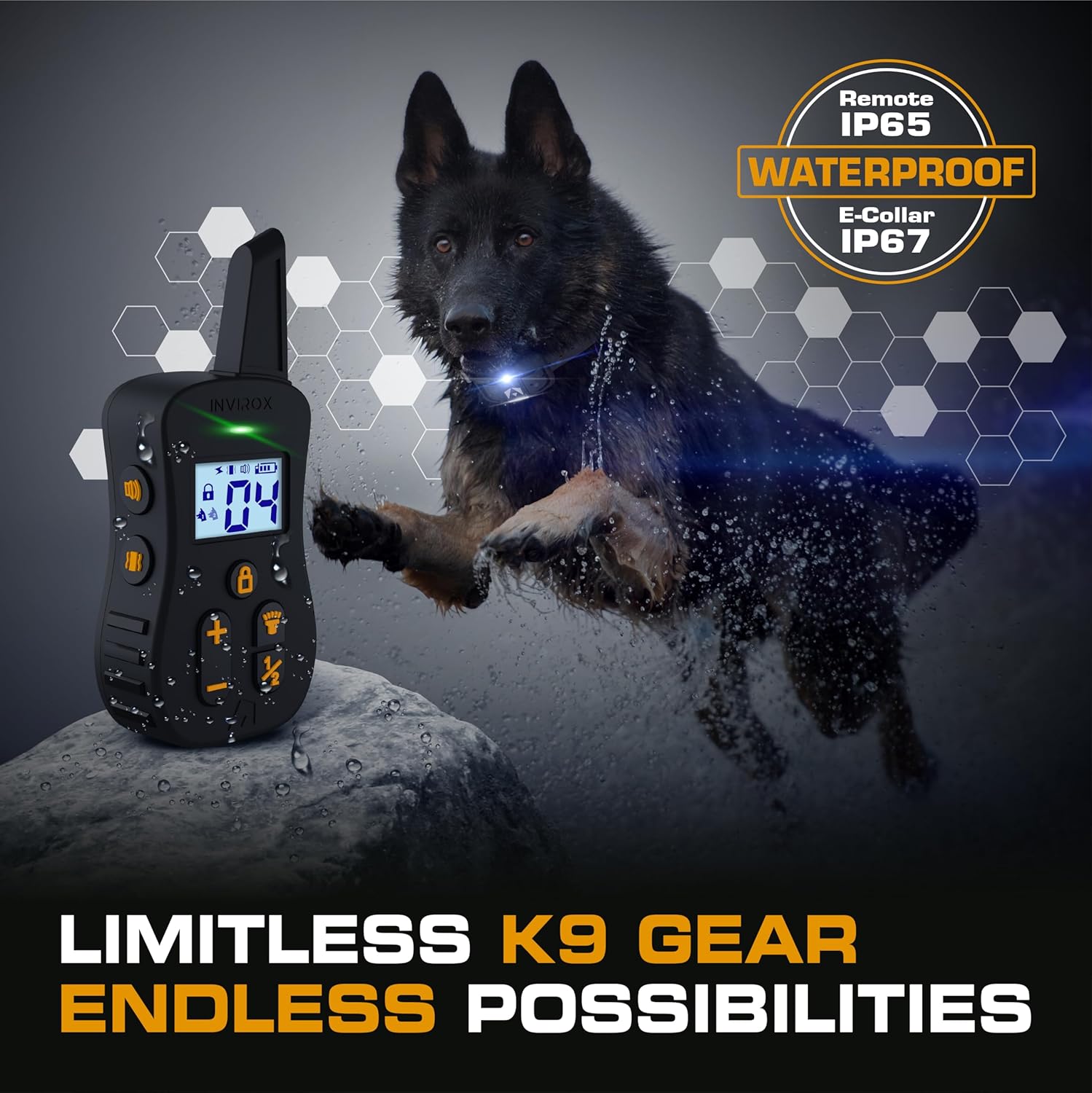 INVIROX Collar de choque para perros Ultra K9 124 niveles de entrenamiento, 4 modos potentes con luz nocturna y rango de  de milla, collar de