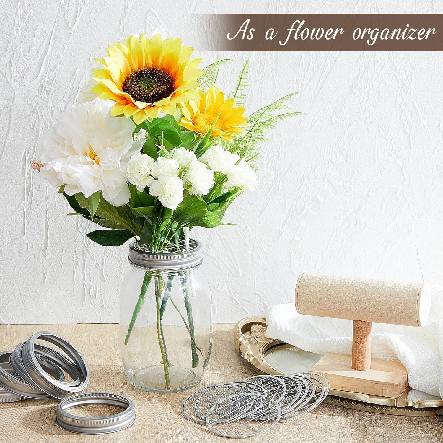 Tapa de tarro de flores Mason para tarros de conservas de boca ancha, tapa de flores de metal, rejilla de masón, organizador de flores, tapa para