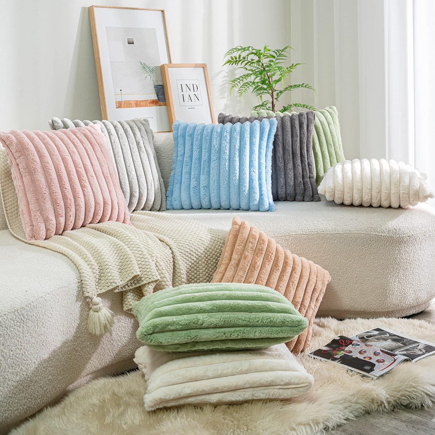 Paquete de 2 fundas decorativas afelpadas de piel sintética para cojín, diseño a rayas para sofá, sillón, dormitorio 12 x 20 pulgadas