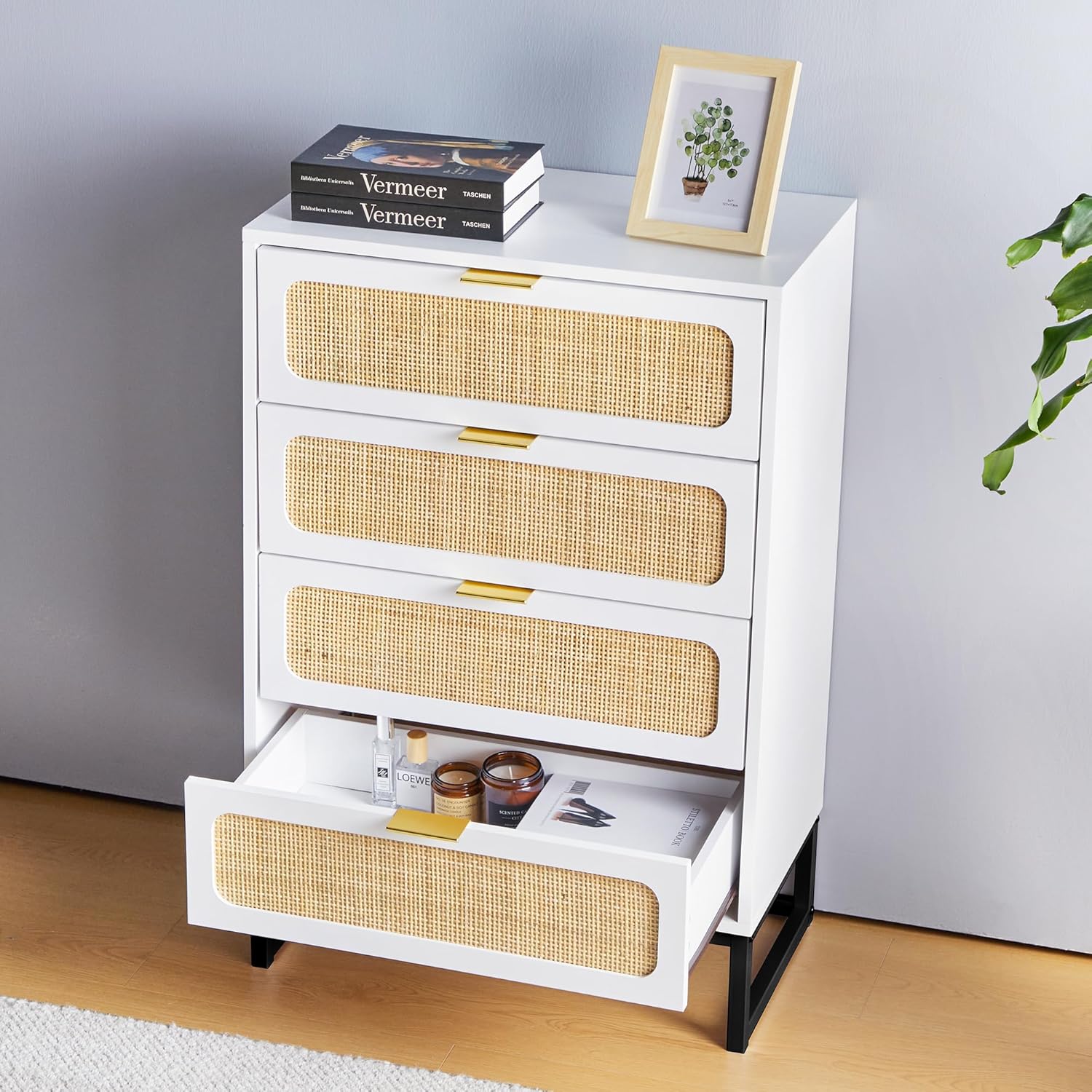 Cómoda de 8 cajones para dormitorio, cómoda de ratán, cómoda de armario, cómoda de almacenamiento de madera alta para sala de estar, dormitorio de