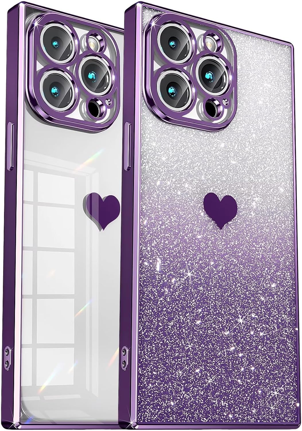 Tzomsze Funda compatible con iPhone 15 Pro con purpurina, transparente y brillante con bonito patrón de corazón, protección completa de lente y