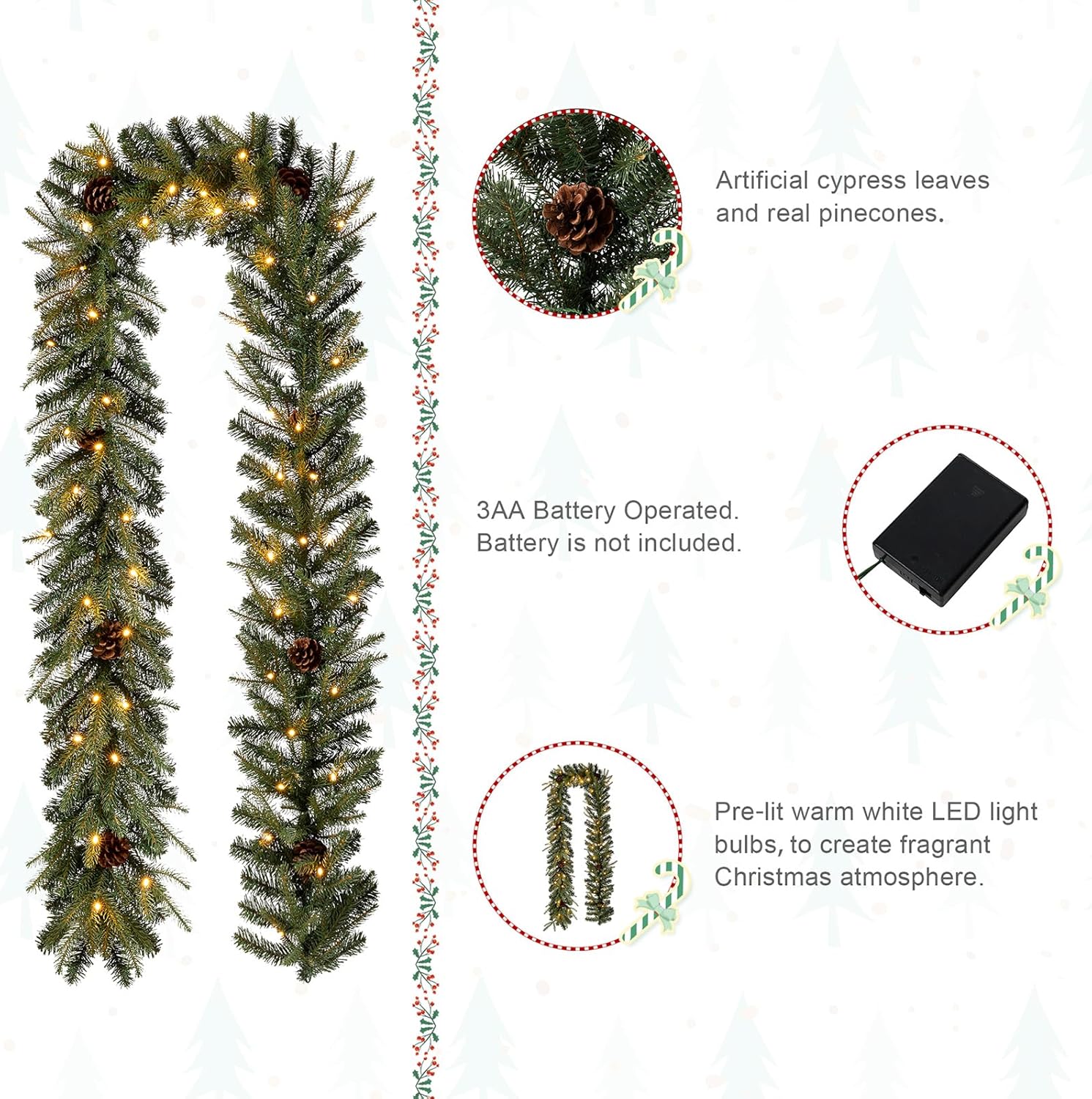 Glitzhome Guirnalda de Navidad preiluminada con cono de pino verde flocado con luz LED blanca cálida – 9 pies