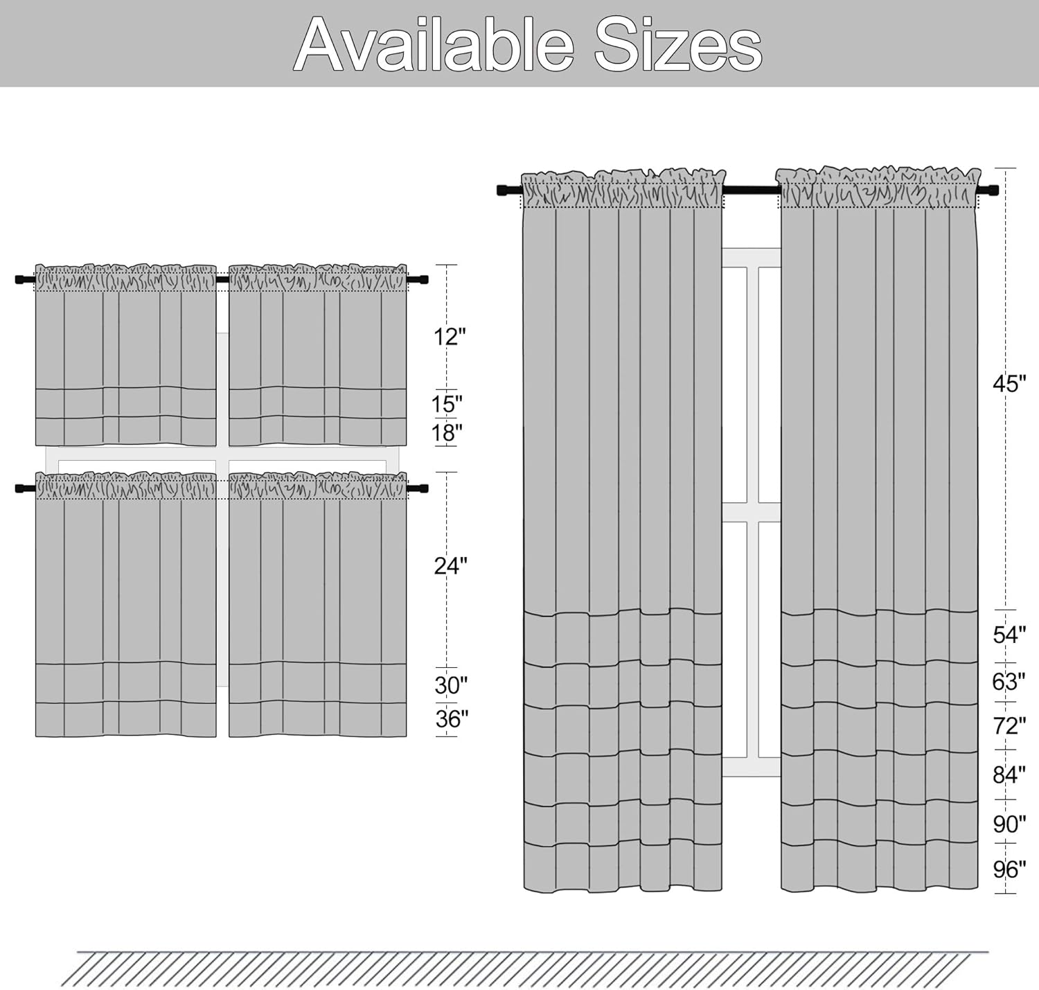 DONREN Cenefas de cortina opacas de 18 pulgadas de largo para ventanas, 2 paneles de cenefas opacas para ventana de sótano con bolsillo para barra