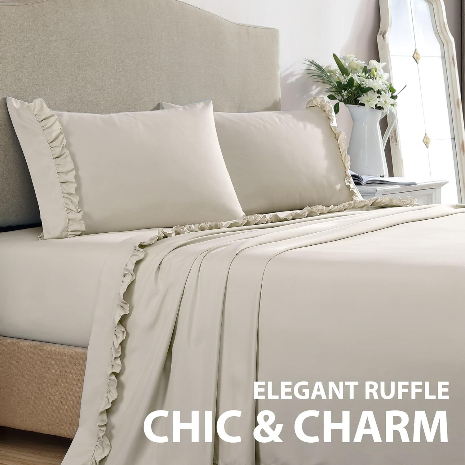 Swift Home Elegante diseño de dobladillo con volantes de 2 pulgadas en sábana encimera y fundas de almohada, resistente a las arrugas, resistente a