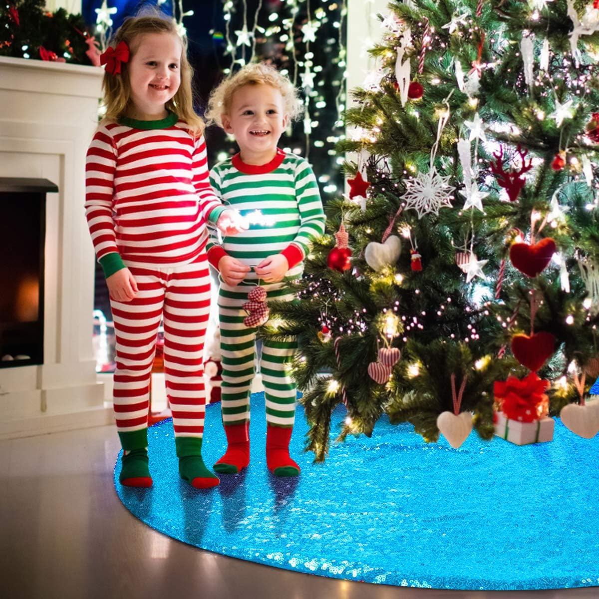 Falda de lentejuelas para árbol de Navidad, 48pulgadas, doble capa, para bodas y fiestas