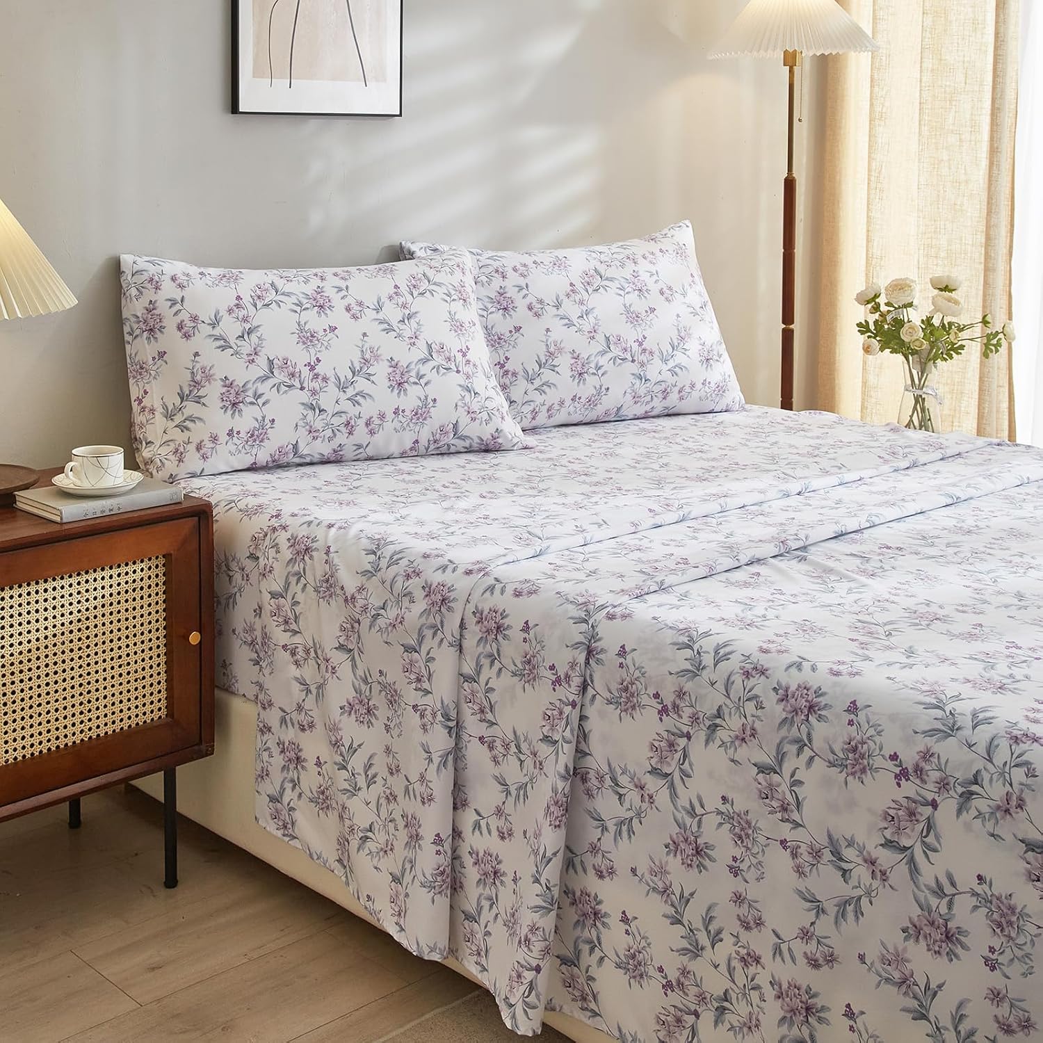 VClife Sábanas de microfibra suave con estampado floral, tamaño individual, color blanco, para niña, mujer, juego de sábanas de ramas florales