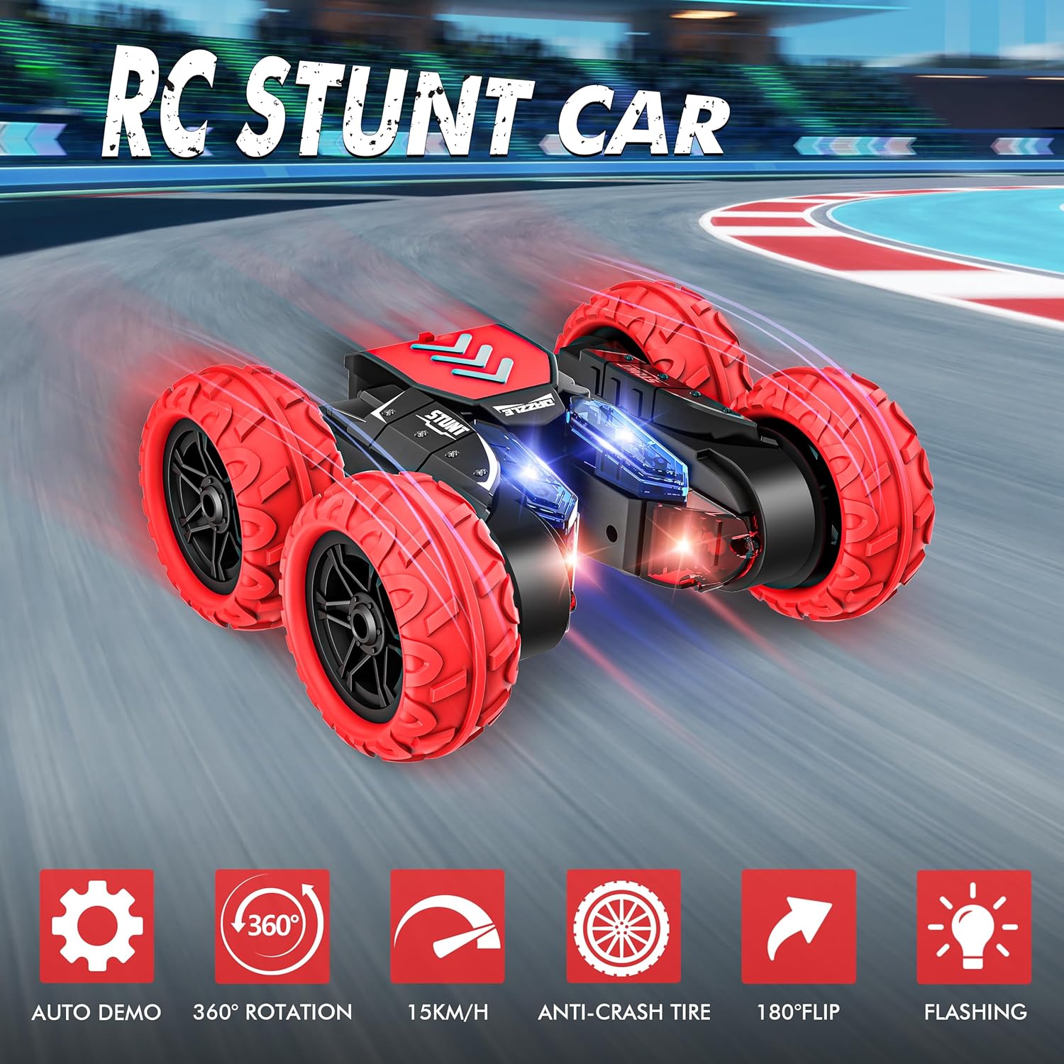 Coche de control remoto, autos de acrobacias de juguete de acrobacias, 4WD 2.4Ghz de doble cara giratoria de 360 con luces LED, juguete de auto RC
