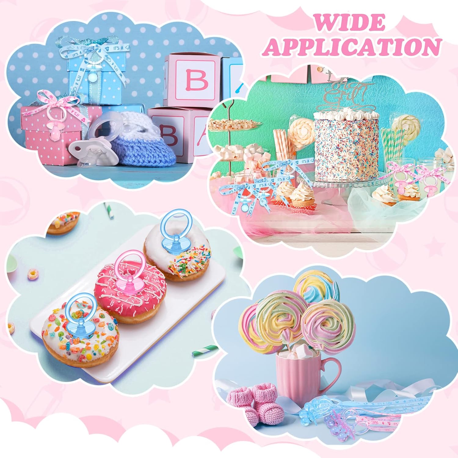 Junkin 60 piezas de chupetes de baby shower, chupetes acrílicos para bebé, regalos de fiesta, chupetes, collar para niñas y niños, decoración de