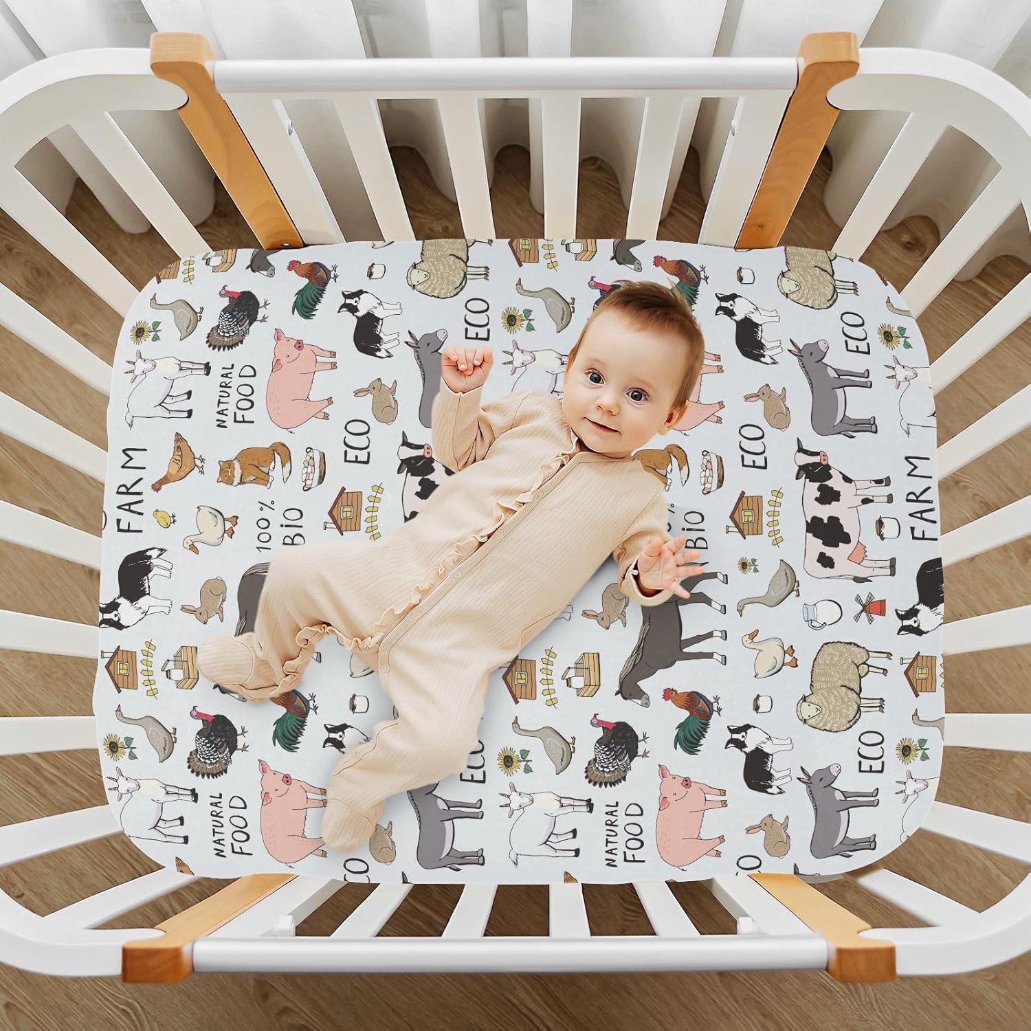 Sábanas frescas de cuna de animales de granja para niños y niñas, 39 x 27 pulgadas, suaves y transpirables, sábanas portátiles para cunas elásticas